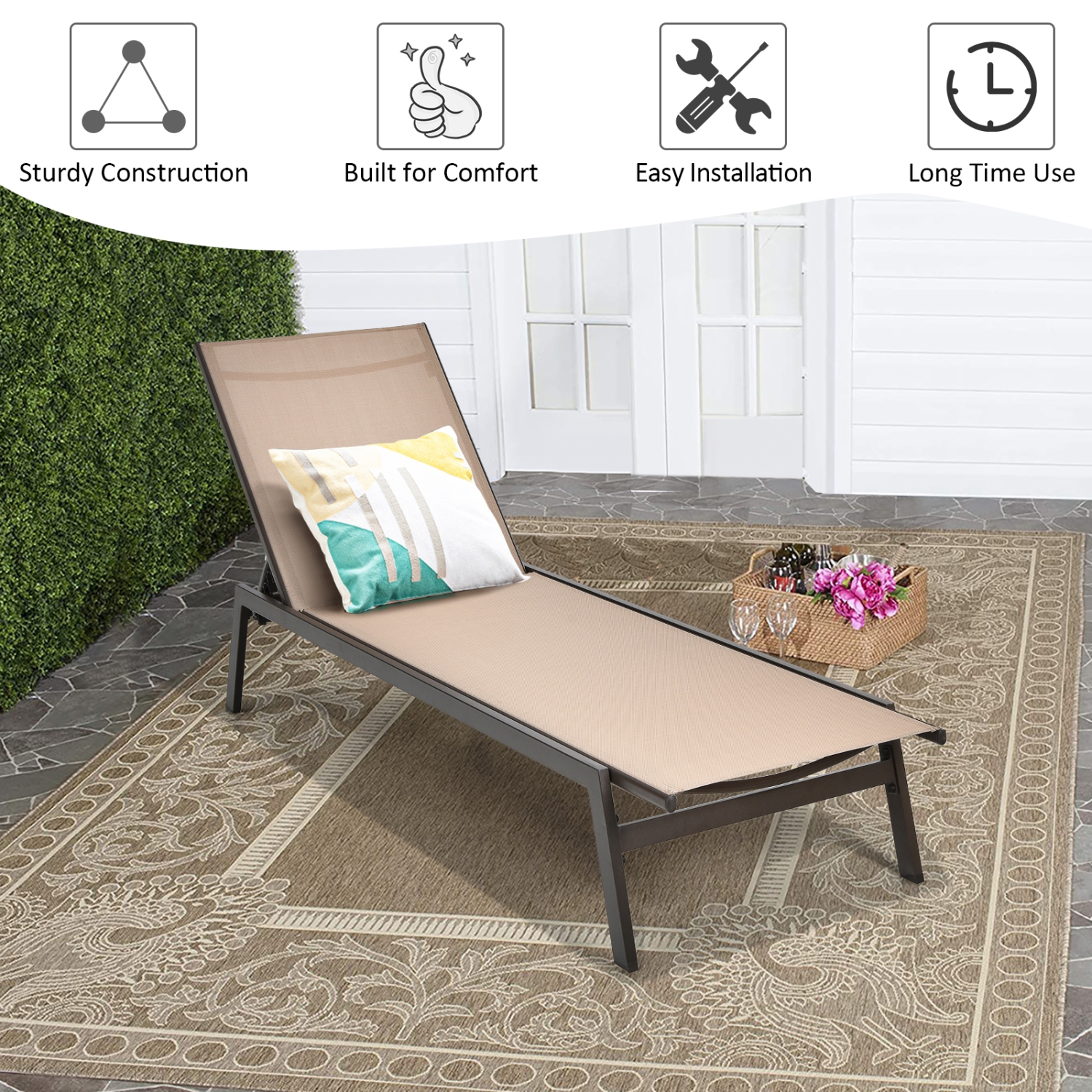Patiojoy 2PC Patio Chaise Lounger with 6-Position Adjustable Backrest and Breathable Fabric Brown