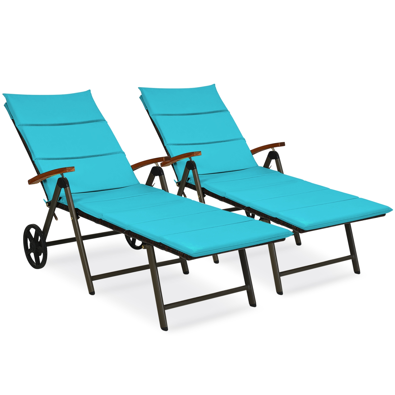 Topbuy 2PCS Folding Outdoor Rattan Chaise Lounge Chair Cushioned Recliner with Wheels& Cushions Brown/Red/Turquoise
