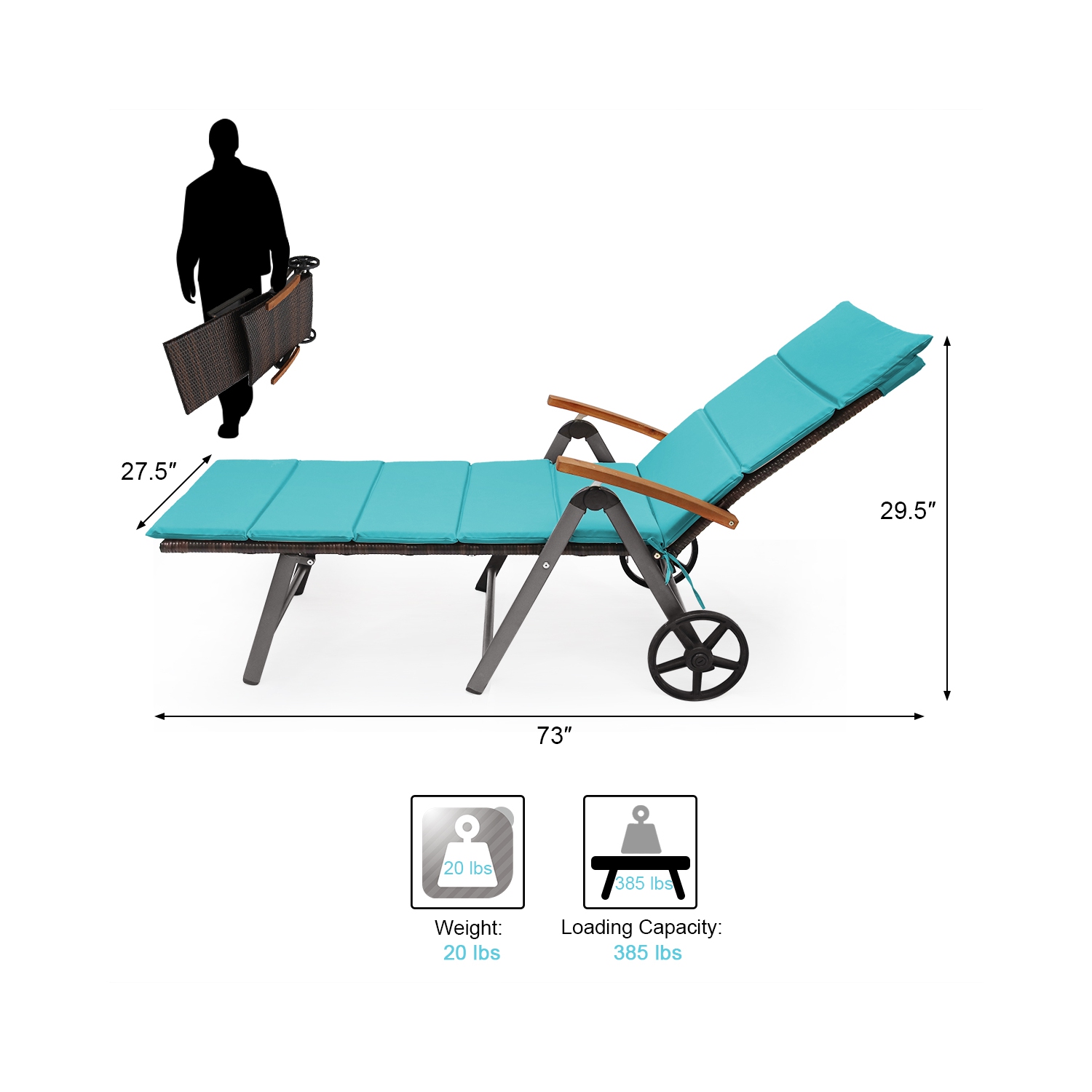 Topbuy 2PCS Folding Outdoor Rattan Chaise Lounge Chair Cushioned Recliner with Wheels& Cushions Brown/Red/Turquoise