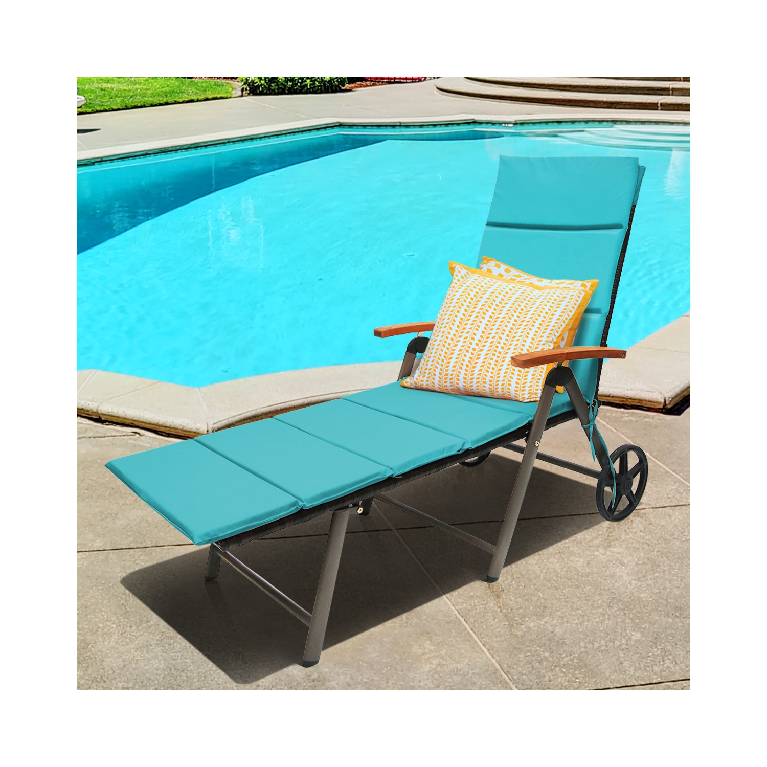 Topbuy 2PCS Folding Outdoor Rattan Chaise Lounge Chair Cushioned Recliner with Wheels& Cushions Brown/Red/Turquoise