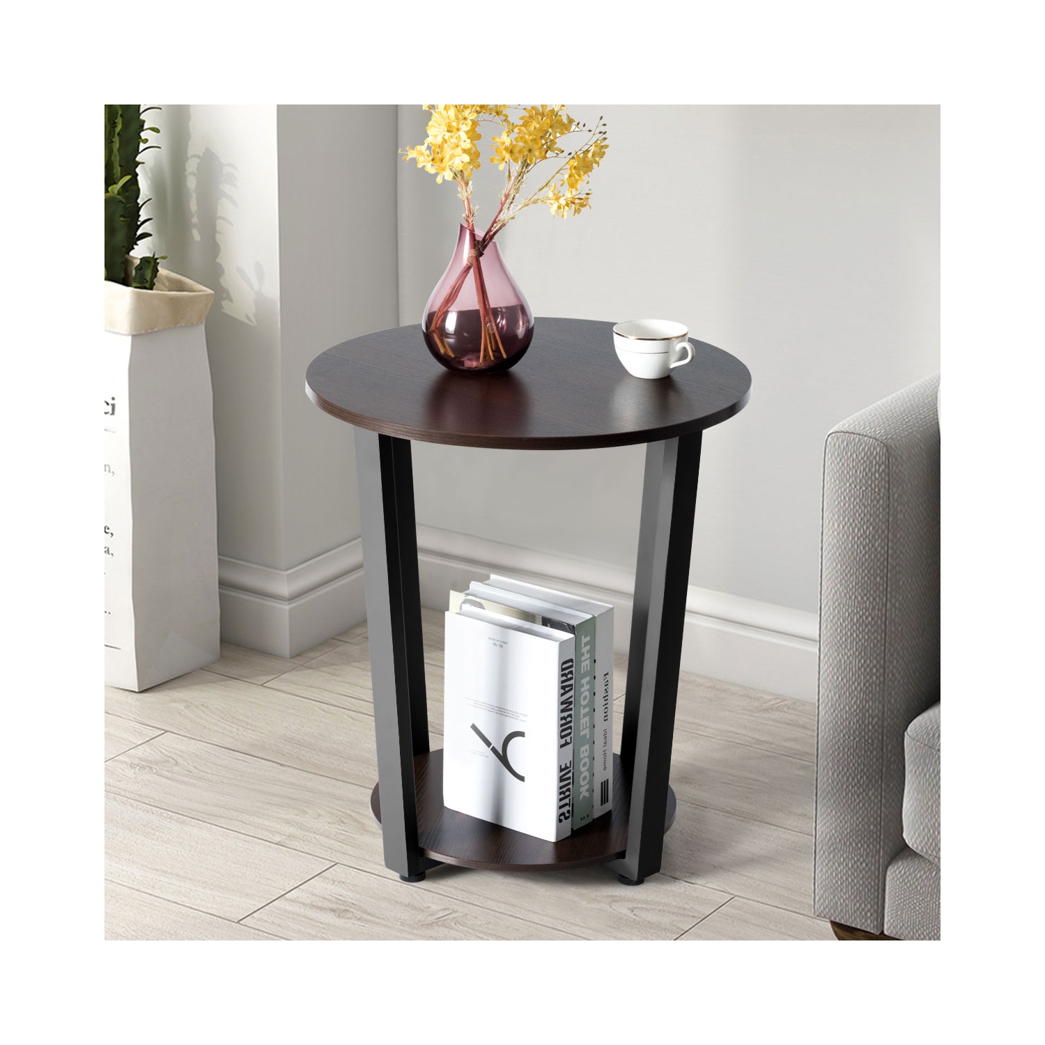 Topbuy 2-Tier Industrial Round End Table Metal Sofa Side Table W/ Storage Shelf