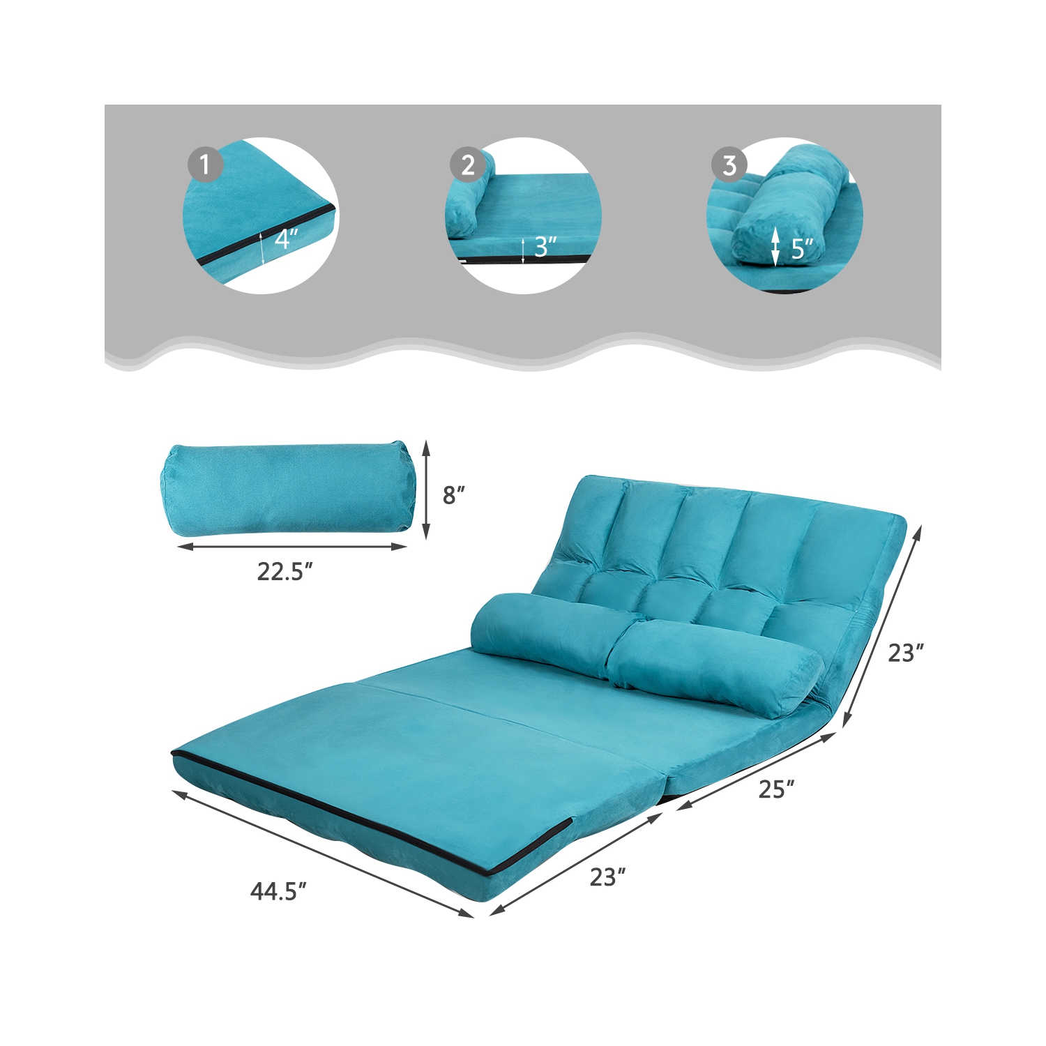 TopBuy – sofa-lit repliable avec 2 coussins, bleu, avec canapé-lit au sol ajustable