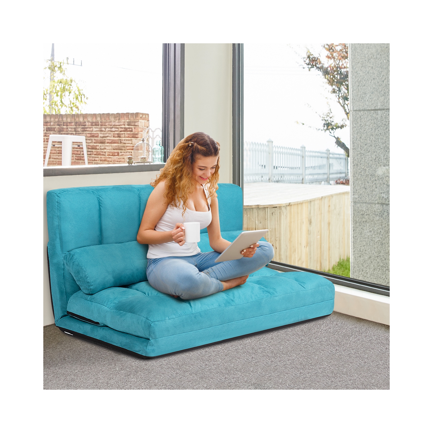 TopBuy – sofa-lit repliable avec 2 coussins, bleu, avec canapé-lit au sol ajustable