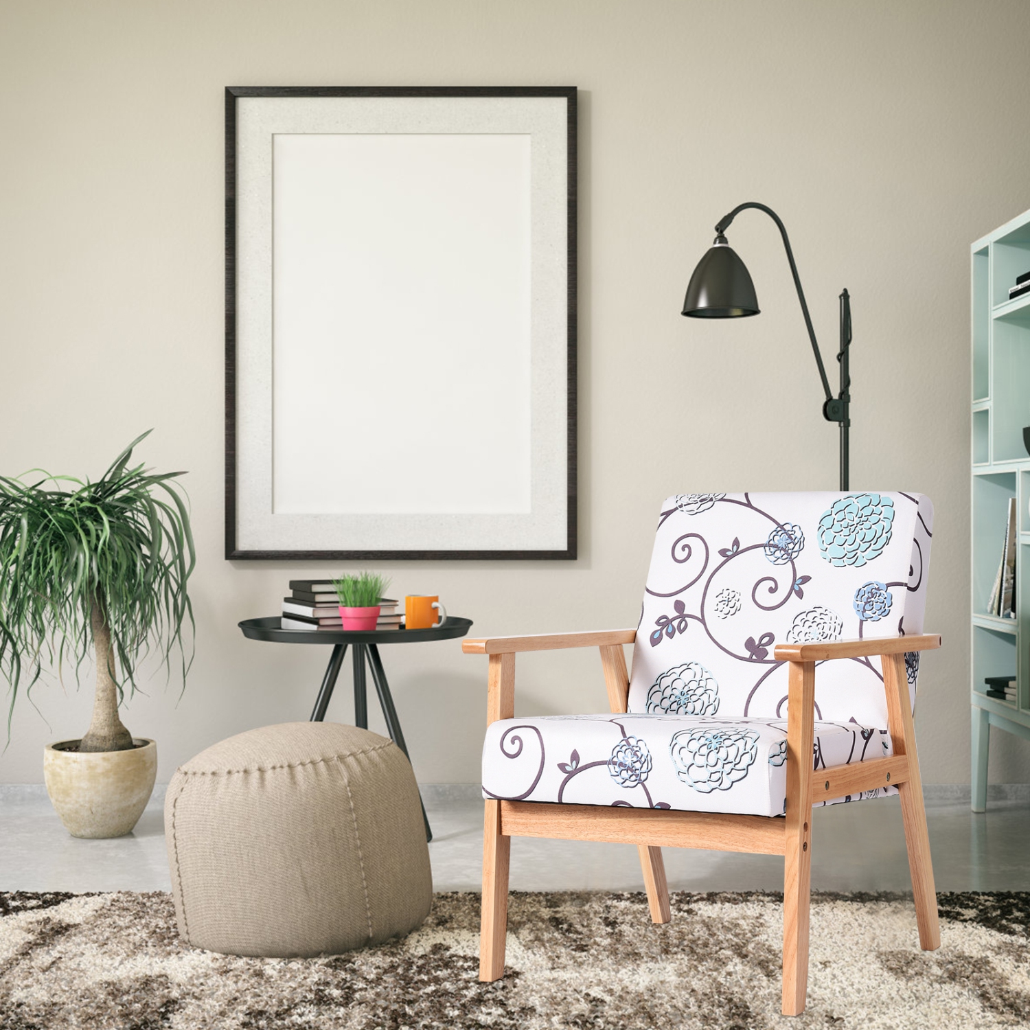 Topbuy Accent Armchair Fabric Upholstered Lounge Chair with Wooden Legs Grey/Navy/Yellow