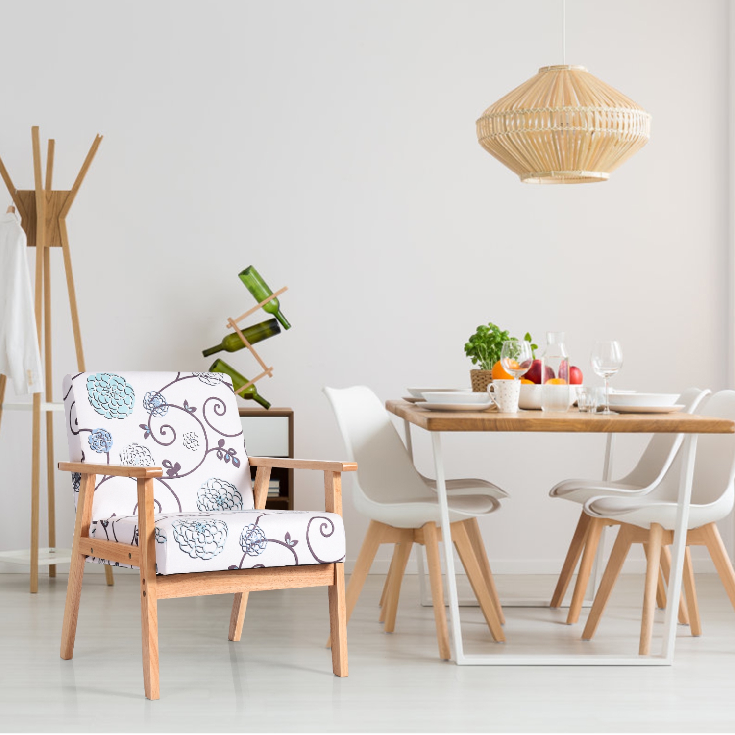 Topbuy Accent Armchair Fabric Upholstered Lounge Chair with Wooden Legs Grey/Navy/Yellow