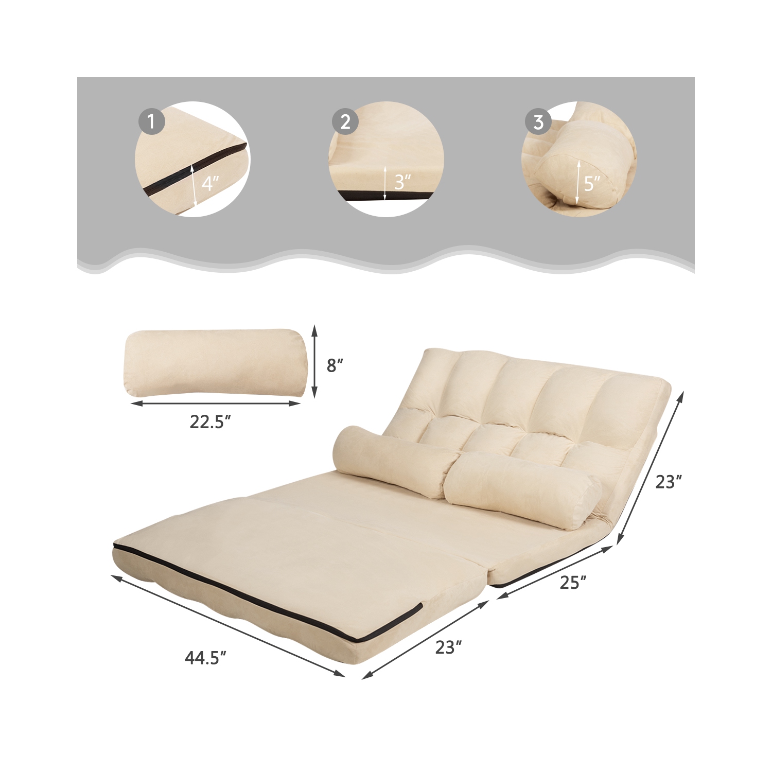 TopBuy – sofa-lit repliable avec 2 coussins, beige, avec canapé-lit au sol ajustable