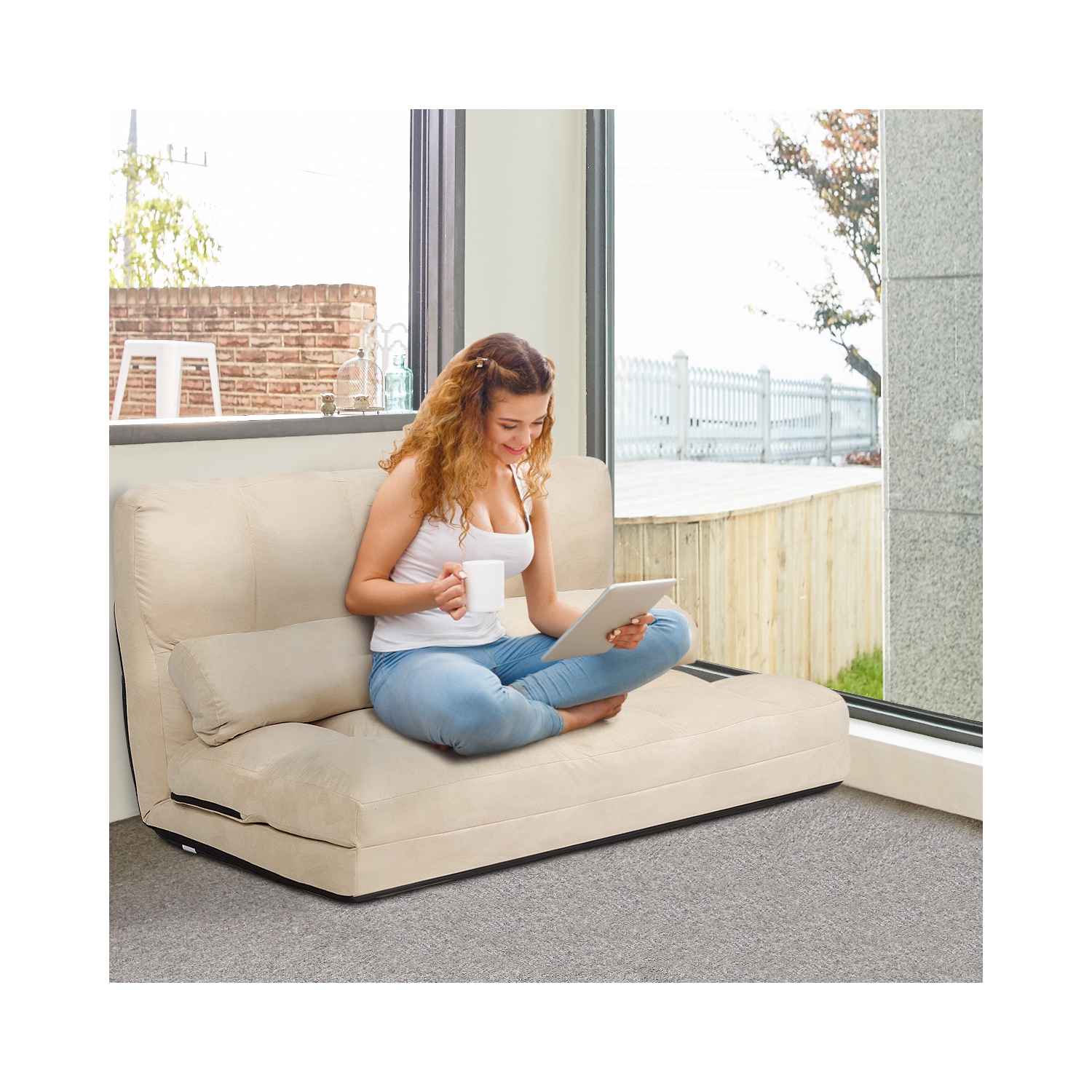 TopBuy – sofa-lit repliable avec 2 coussins, beige, avec canapé-lit au sol ajustable