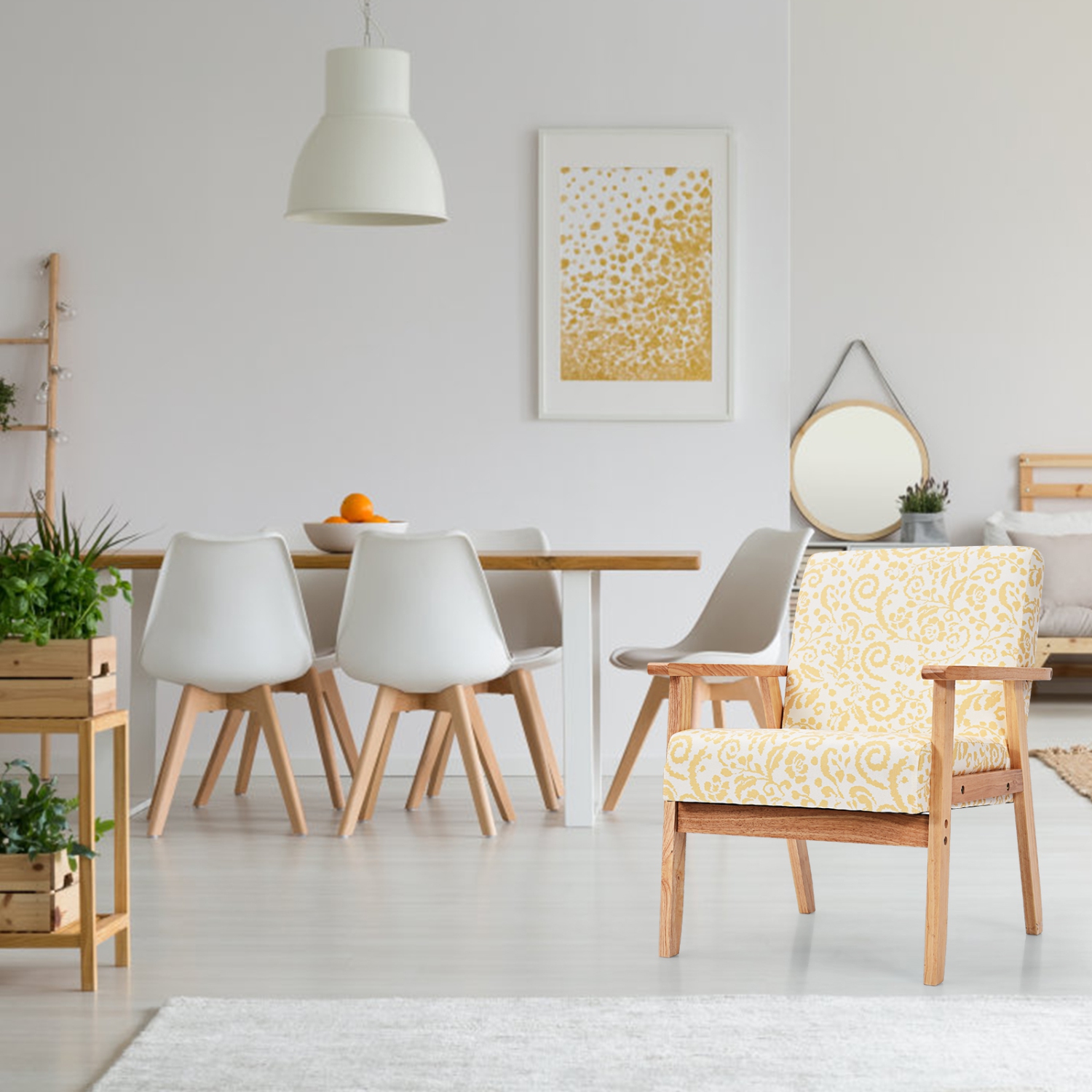 Topbuy Accent Armchair Fabric Upholstered Lounge Chair with Wooden Legs Grey/Navy/Yellow