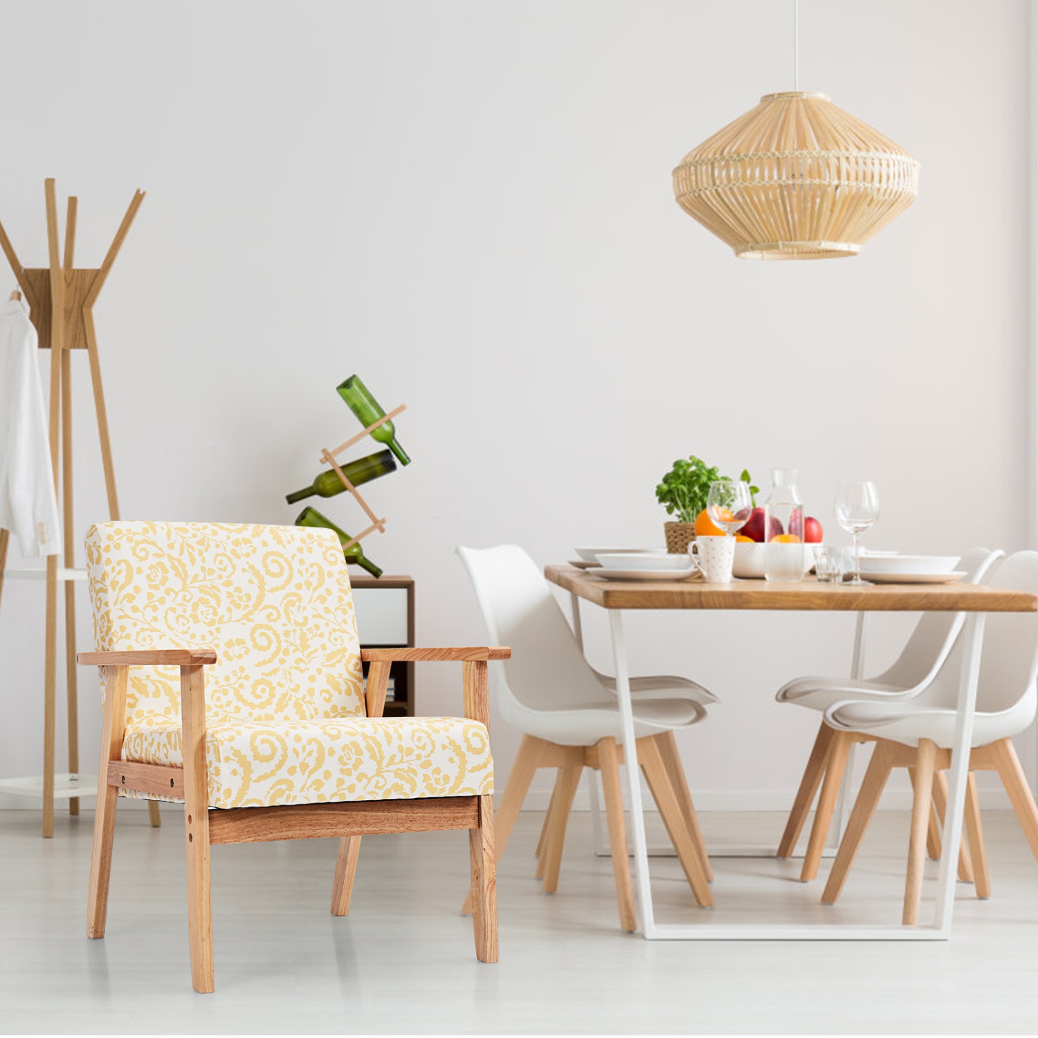 Topbuy Accent Armchair Fabric Upholstered Lounge Chair with Wooden Legs Grey/Navy/Yellow