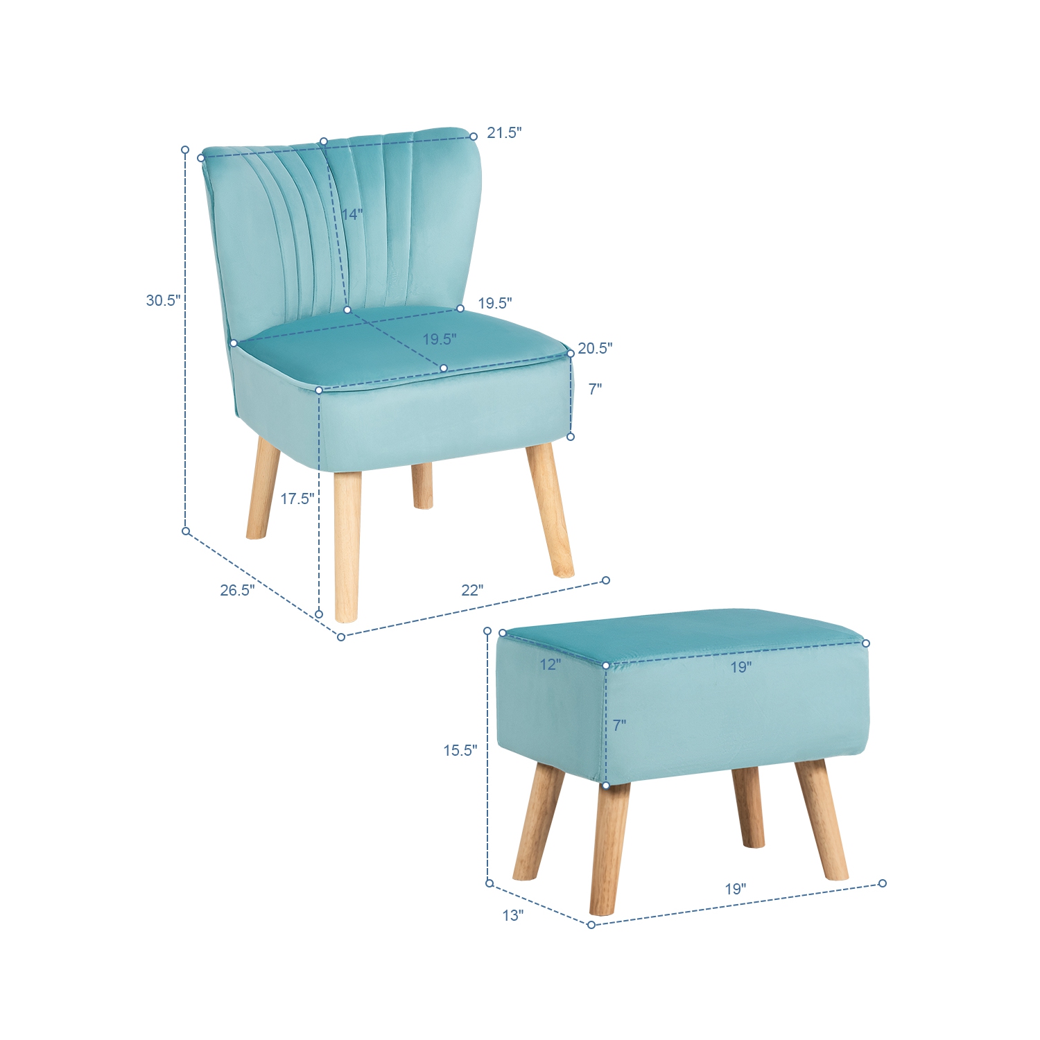 Topbuy Chair Ottoman Set Modern Curved Tufted Sofa Chair Set with Velvet Upholstery PinkBlue Green