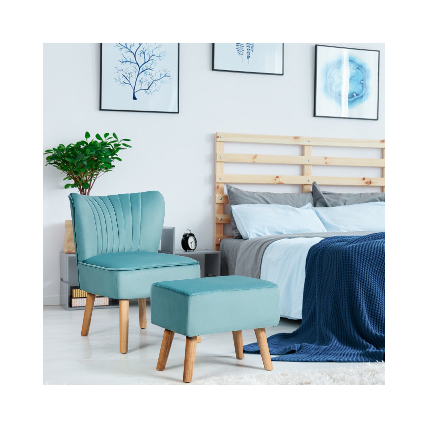 Topbuy Chair Ottoman Set Modern Curved Tufted Sofa Chair Set with Velvet Upholstery PinkBlue Green