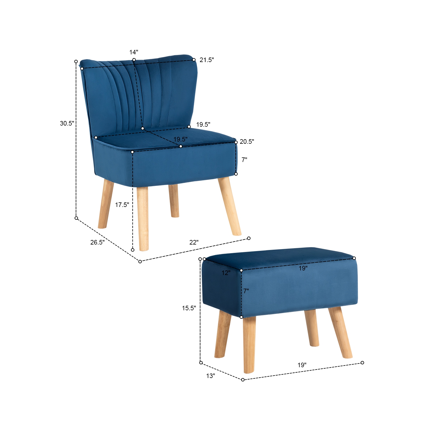 Topbuy Chair Ottoman Set Modern Curved Tufted Sofa Chair Set with Velvet Upholstery PinkBlue Green