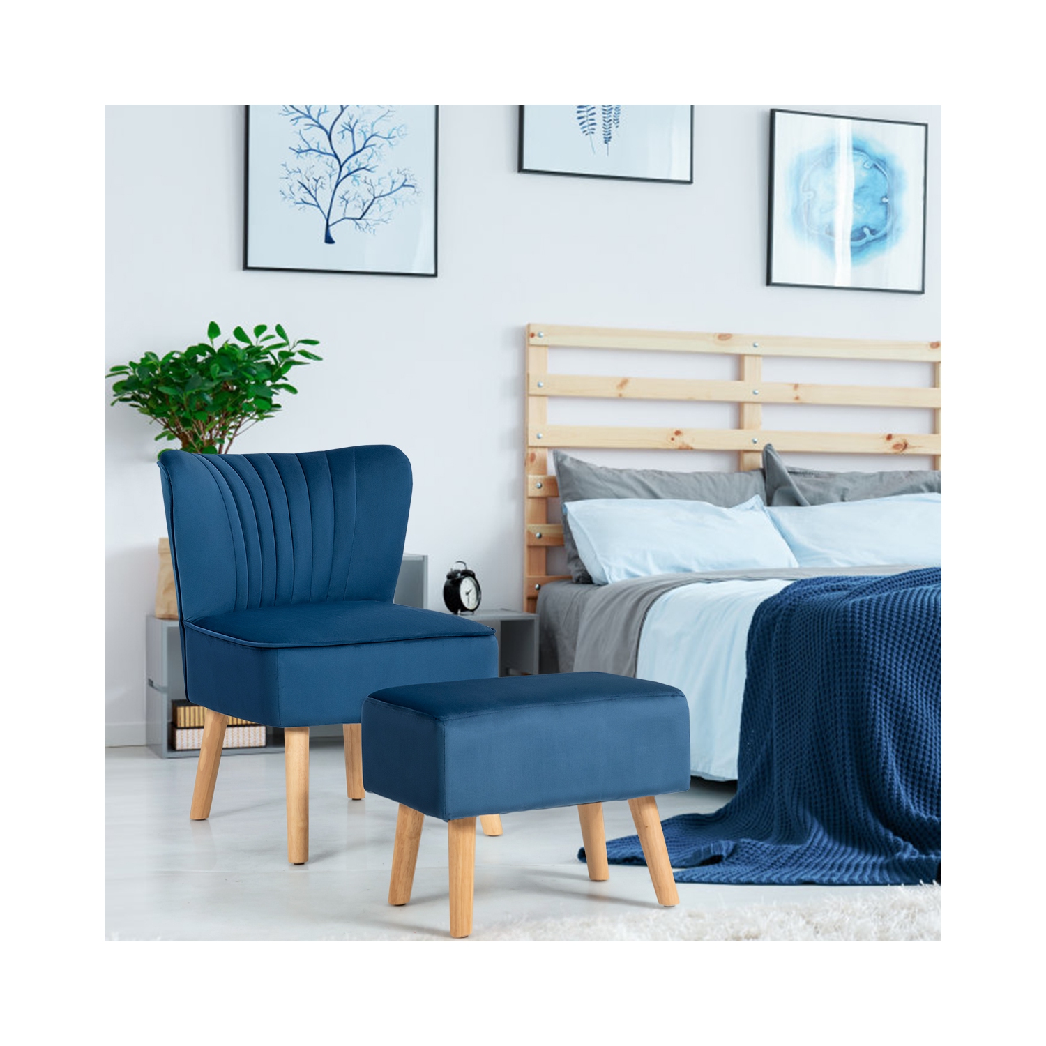 Topbuy Chair Ottoman Set Modern Curved Tufted Sofa Chair Set with Velvet Upholstery PinkBlue Green