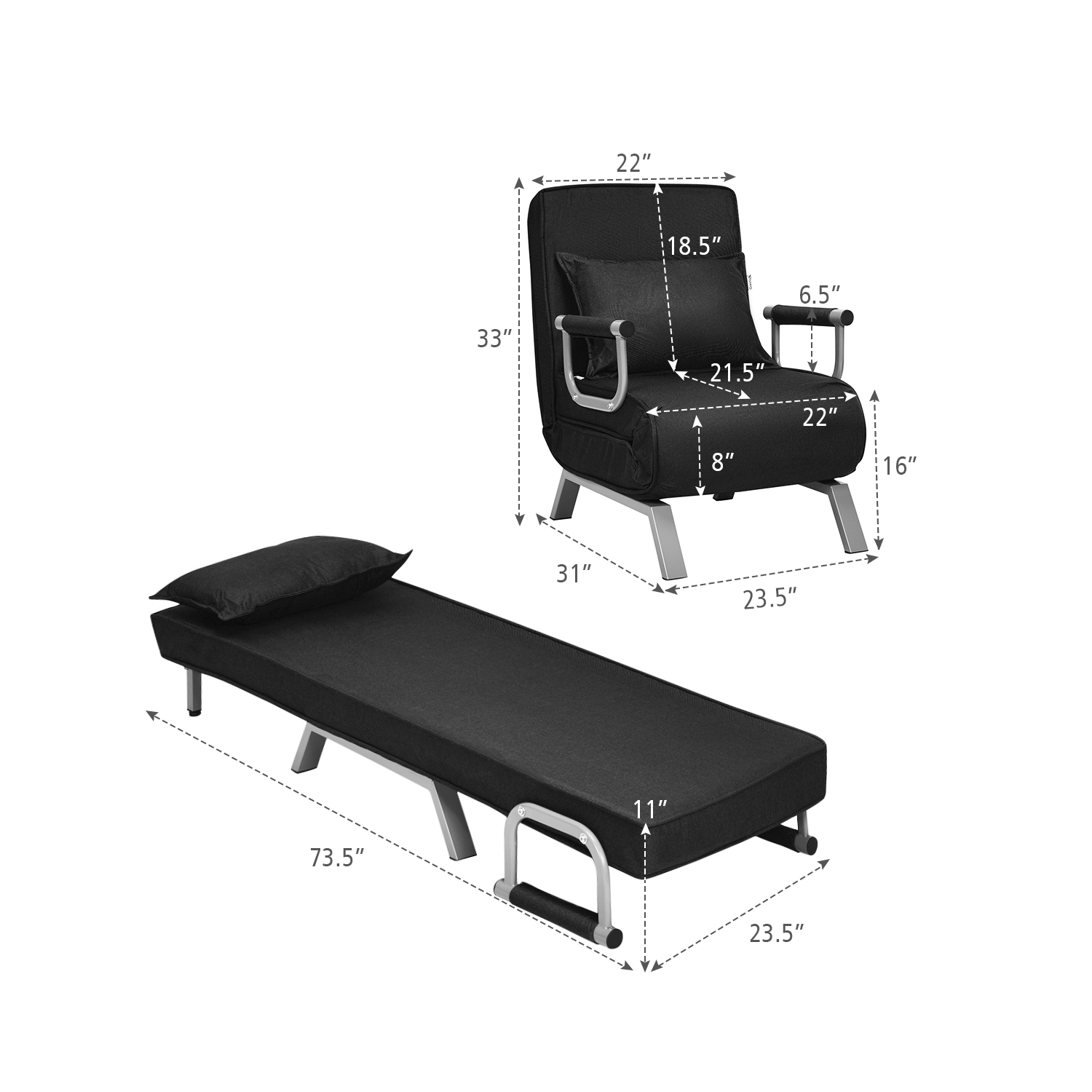 Topbuy Sofa Bed Folding Arm Chair Sleeper 5 Position Recliner Full Padded Lounger Couch