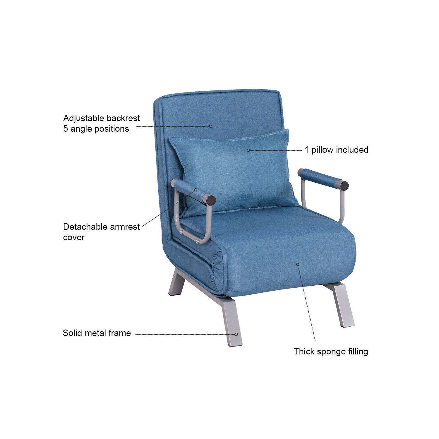 Canapé-lit pliant à accoudoirs de TopBuy, fauteuil inclinable, 5 positions, entièrement rembourré