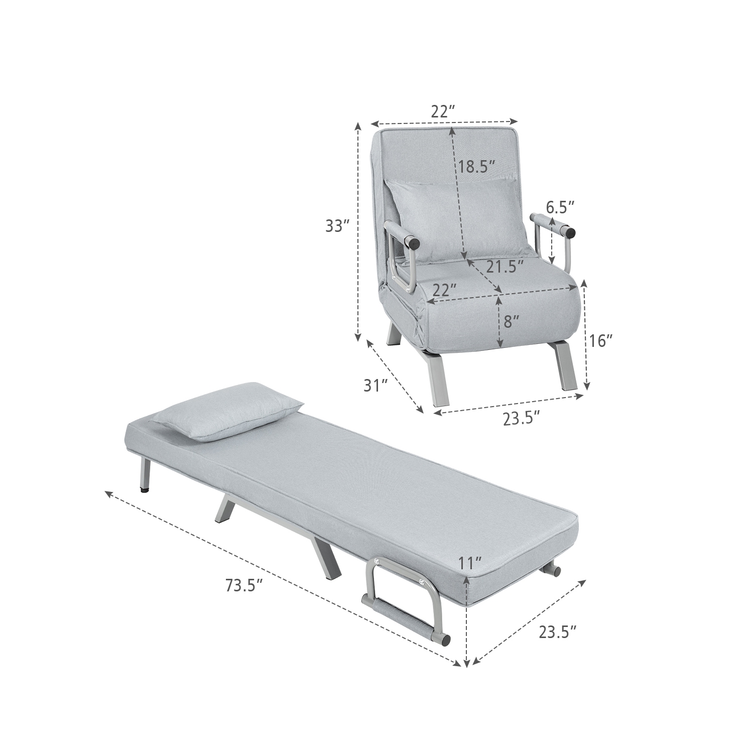 Topbuy Sofa Bed Folding Arm Chair Sleeper 5 Position Recliner Full Padded Lounger Couch