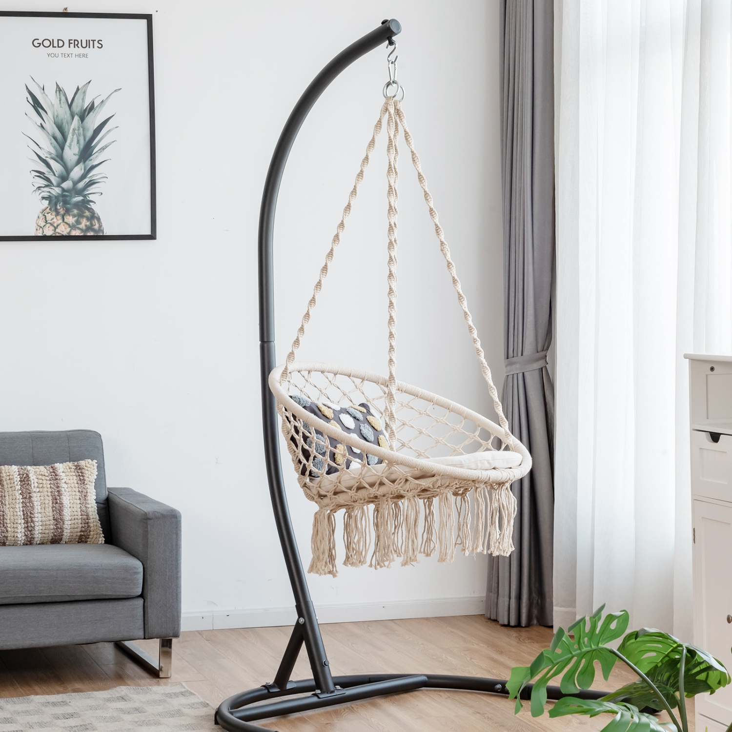 Topbuy Hammock Chair Macrame Swing Knitted Mesh Rope Hanging Hardware Kit for Indoor Outdoor Beige/Black/Turquoise/Grey