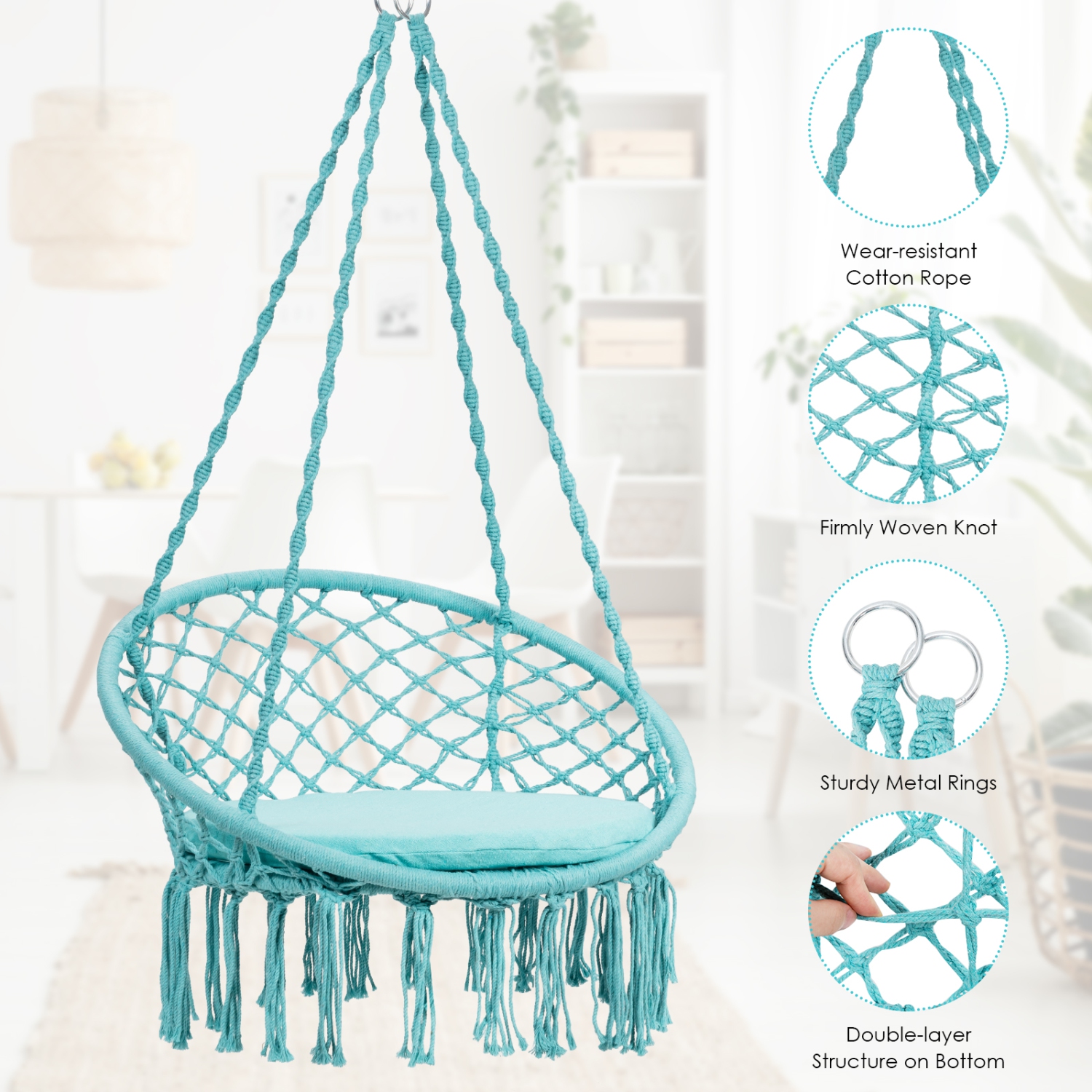 Topbuy Hammock Chair Macrame Swing Knitted Mesh Rope Hanging Hardware Kit for Indoor Outdoor Beige/Black/Turquoise/Grey