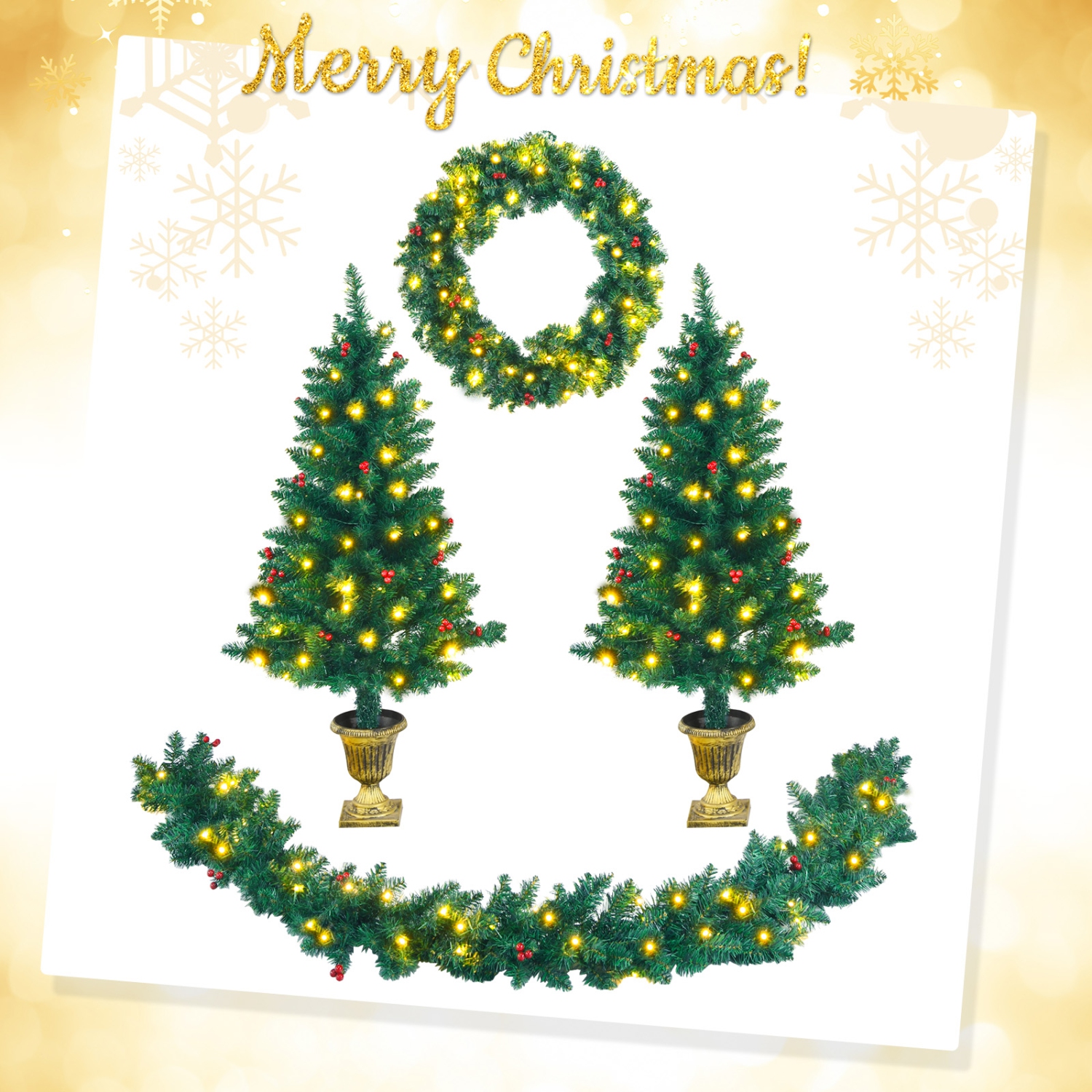 Topbuy Pre-Lit Holiday Christmas 4-Piece Set Door Wreath & Garland & Pack of 2 Entrance Trees W/ 200 LED Lights & Red Berries