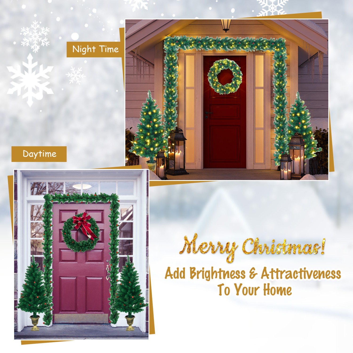 Topbuy Pre-Lit Holiday Christmas 4-Piece Set Door Wreath & Garland & Pack of 2 Entrance Trees W/ 200 LED Lights & Red Berries