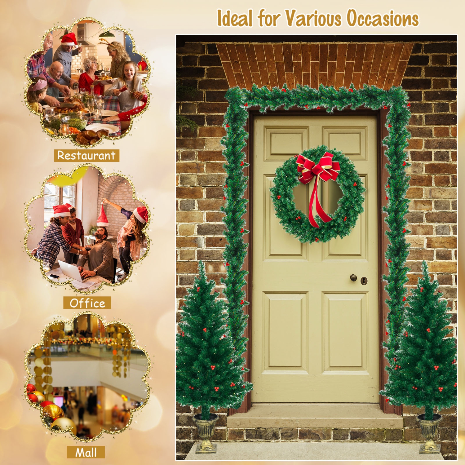 Topbuy Pre-Lit Holiday Christmas 4-Piece Set Door Wreath & Garland & Pack of 2 Entrance Trees W/ 200 LED Lights & Red Berries