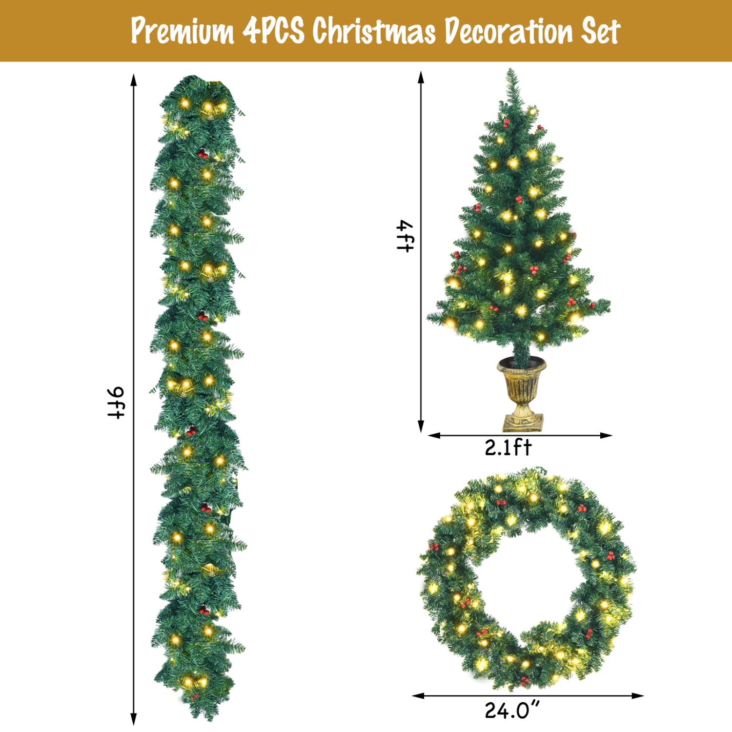 Topbuy Pre-Lit Holiday Christmas 4-Piece Set Door Wreath & Garland & Pack of 2 Entrance Trees W/ 200 LED Lights & Red Berries