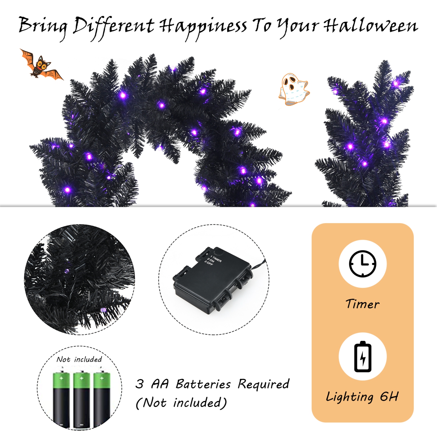 Topbuy 9FT Pre-lit Halloween Garland, Artificial Halloween Rattan W/ 50 Purple LED Lights 6H Timer Battery-powered Waterproof