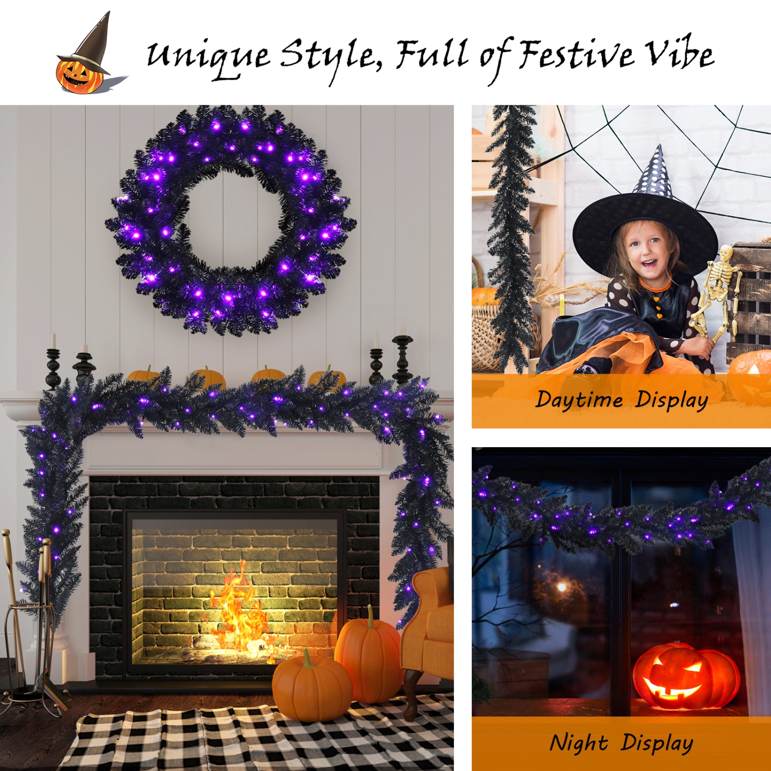 Topbuy 9FT Pre-lit Halloween Garland, Artificial Halloween Rattan W/ 50 Purple LED Lights 6H Timer Battery-powered Waterproof