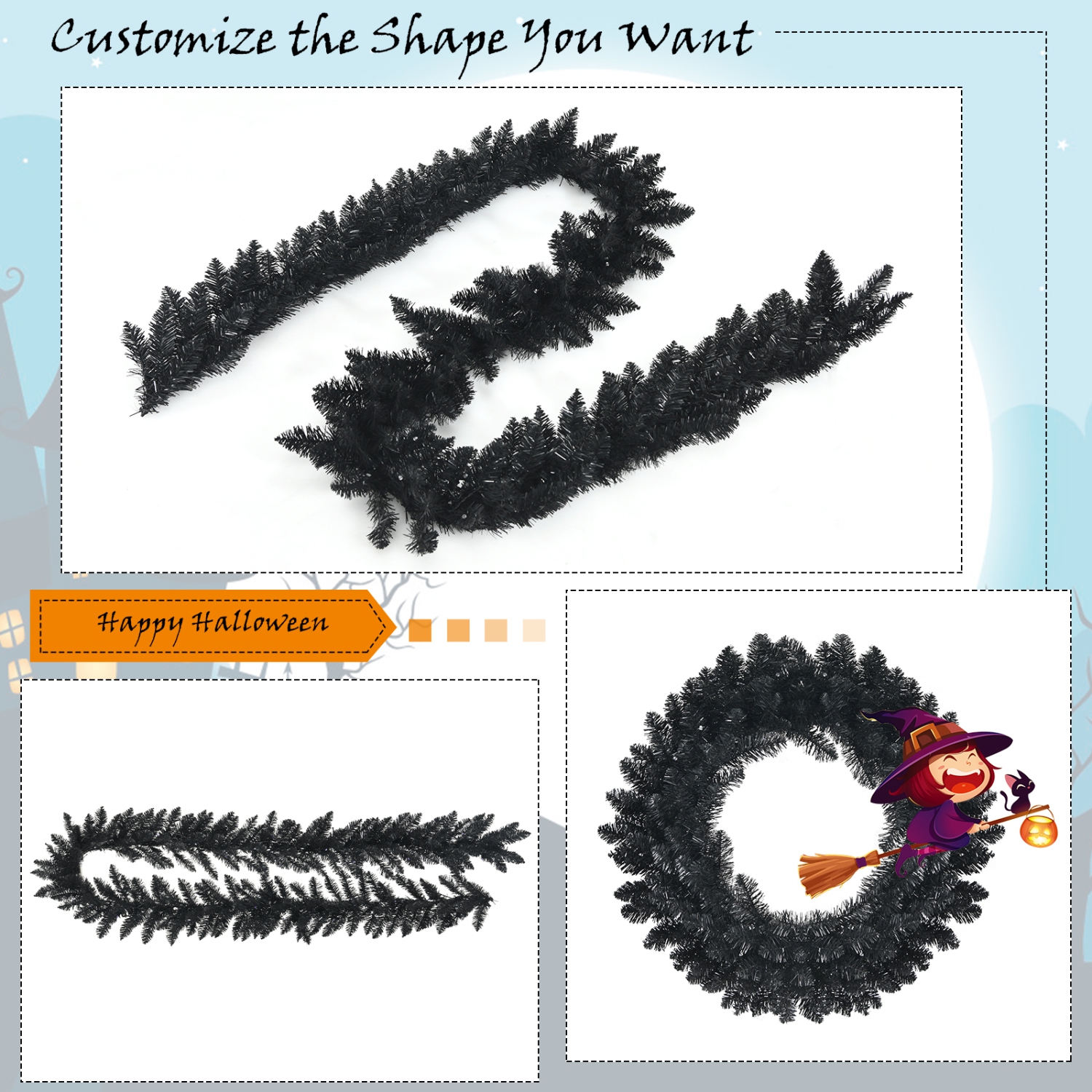 Topbuy 9FT Pre-lit Halloween Garland, Artificial Halloween Rattan W/ 50 Purple LED Lights 6H Timer Battery-powered Waterproof