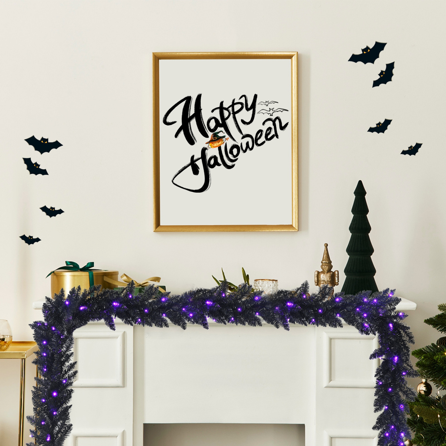 Topbuy 9FT Pre-lit Halloween Garland, Artificial Halloween Rattan W/ 50 Purple LED Lights 6H Timer Battery-powered Waterproof