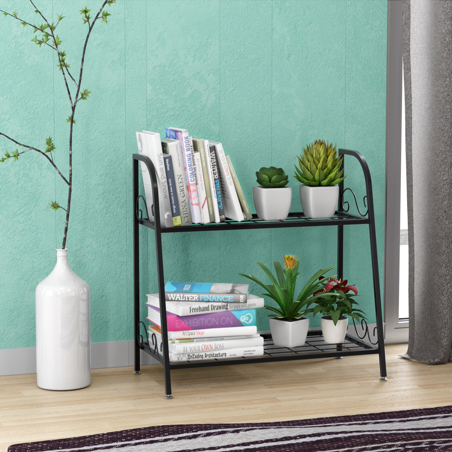 Topbuy Metal Plant Stand 2-Tier Flower Potted Holder Ladder-Shapped Storage Rack Shelf Shoe Rack Black