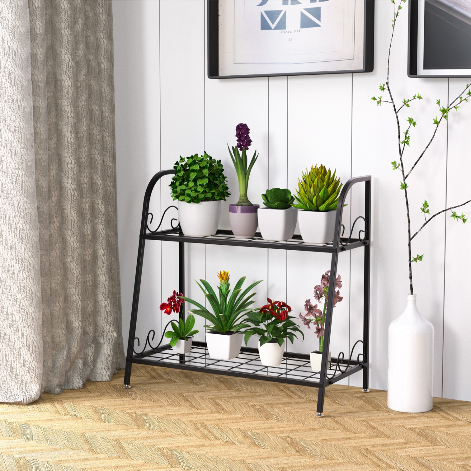 Topbuy Metal Plant Stand 2-Tier Flower Potted Holder Ladder-Shapped Storage Rack Shelf Shoe Rack Black