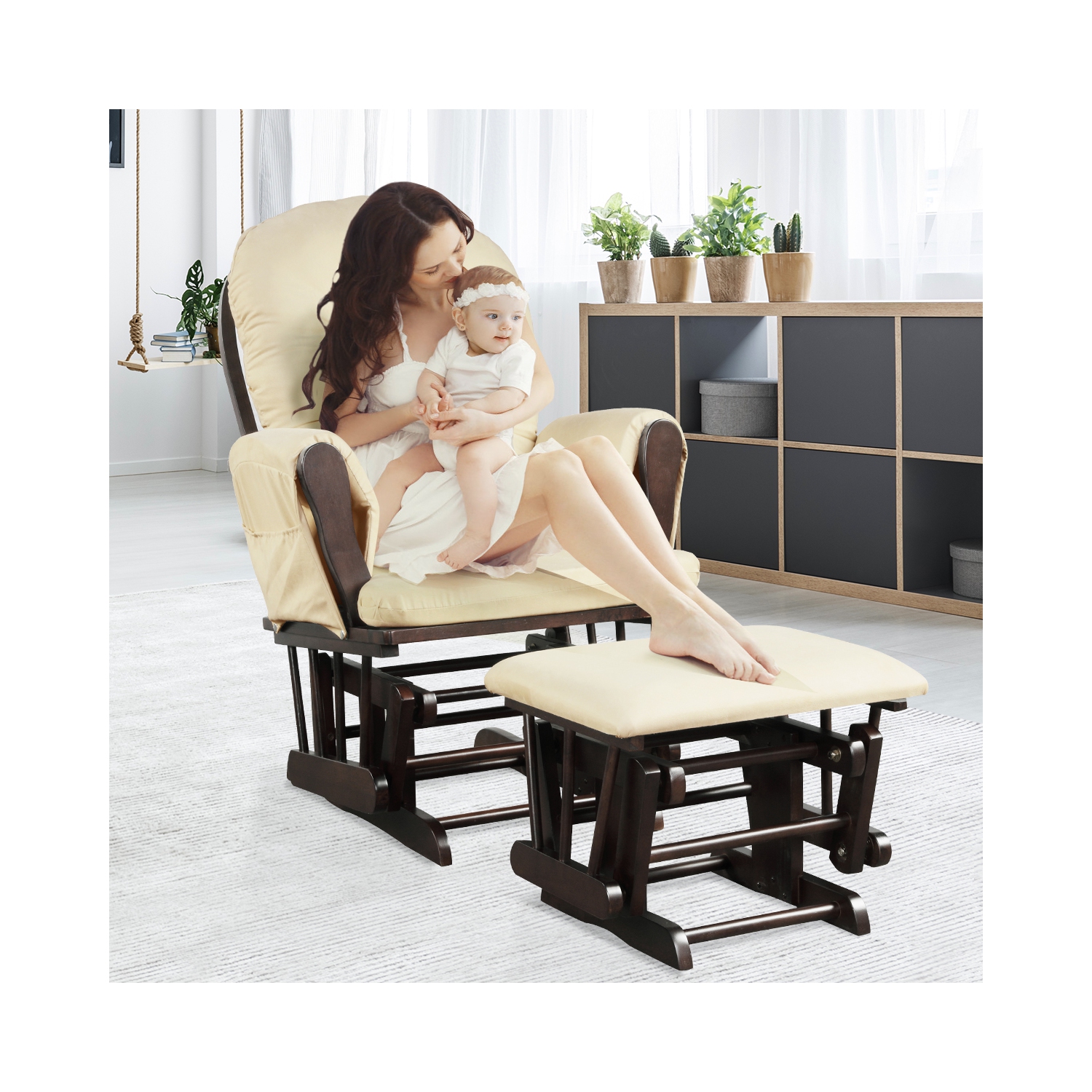 Topbuy Rocking Chair Baby Nursery Chair Glider with Ottoman &Storage Pocket