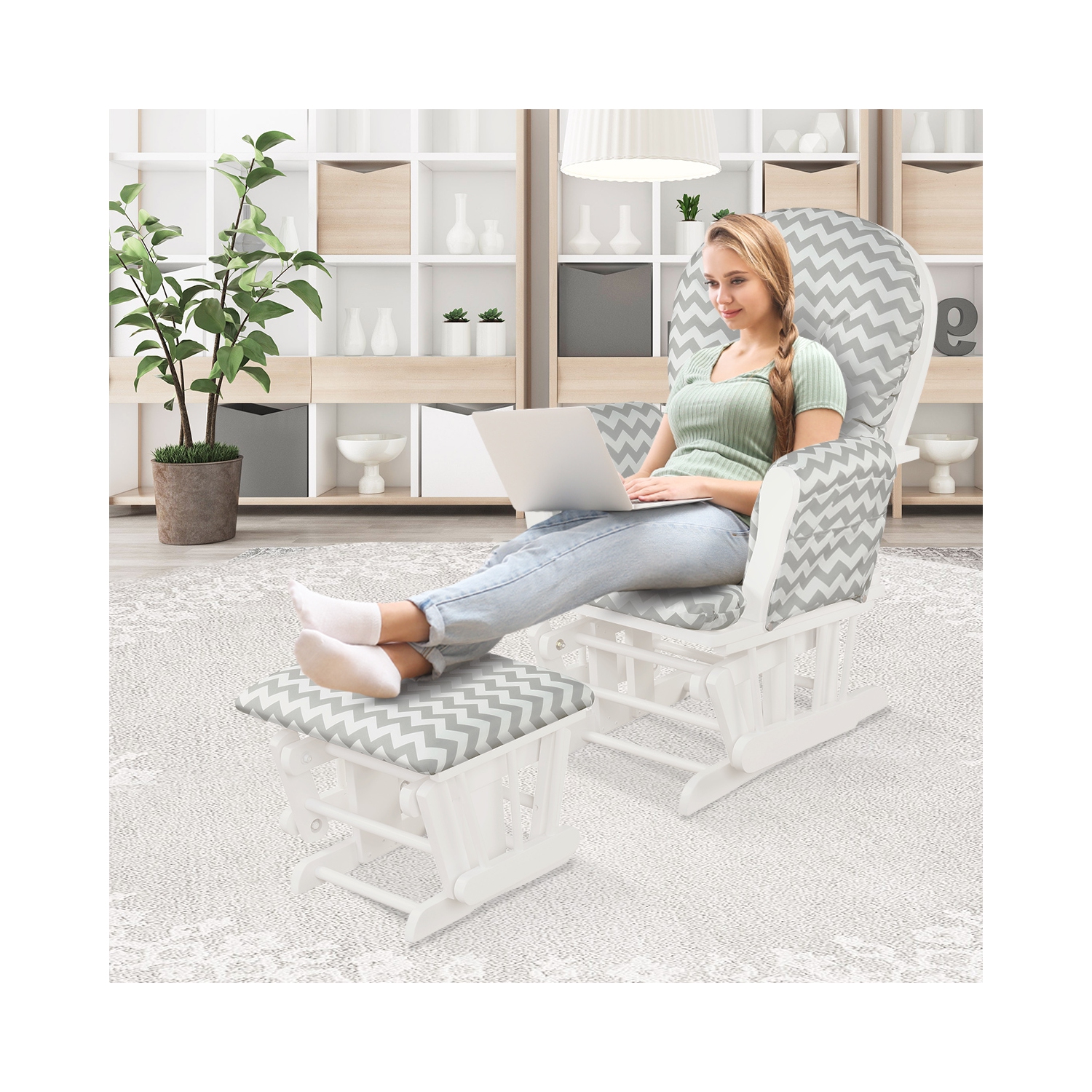 Topbuy Rocking Chair Baby Nursery Chair Glider with Ottoman &Storage Pocket