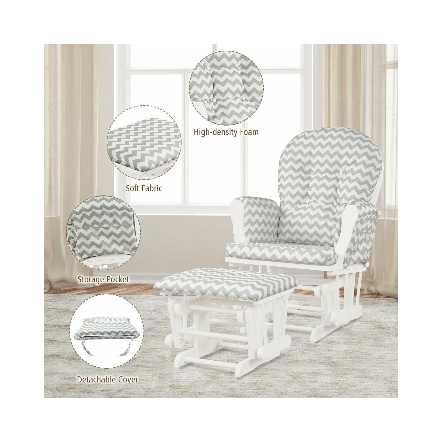 Topbuy Rocking Chair Baby Nursery Chair Glider with Ottoman &Storage Pocket