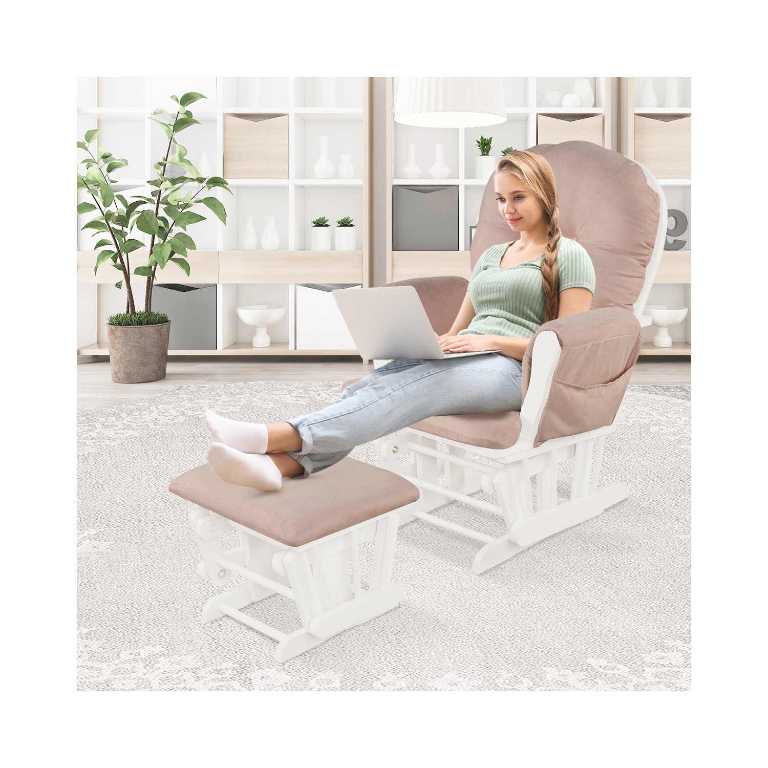 Topbuy Rocking Chair Baby Nursery Chair Glider with Ottoman &Storage Pocket