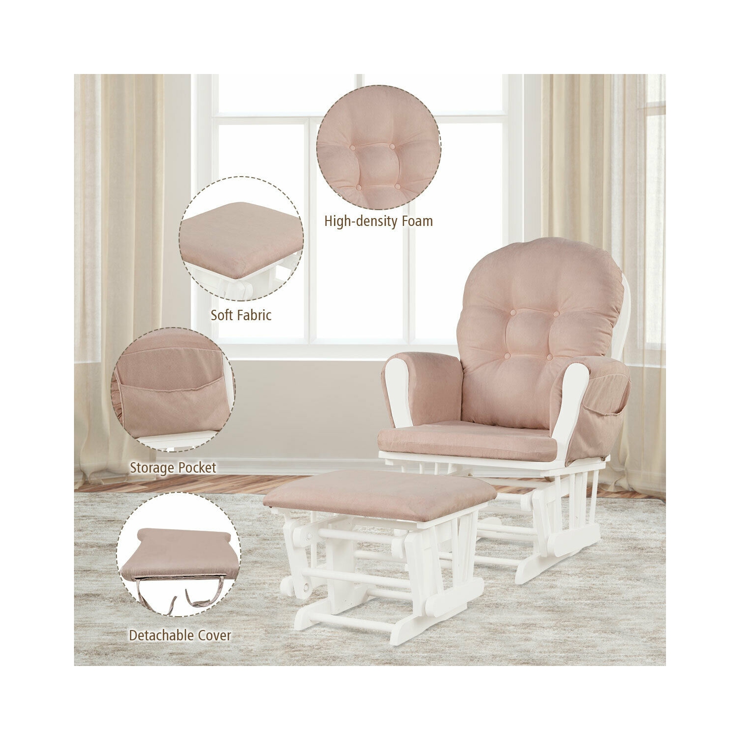 Topbuy Rocking Chair Baby Nursery Chair Glider with Ottoman &Storage Pocket