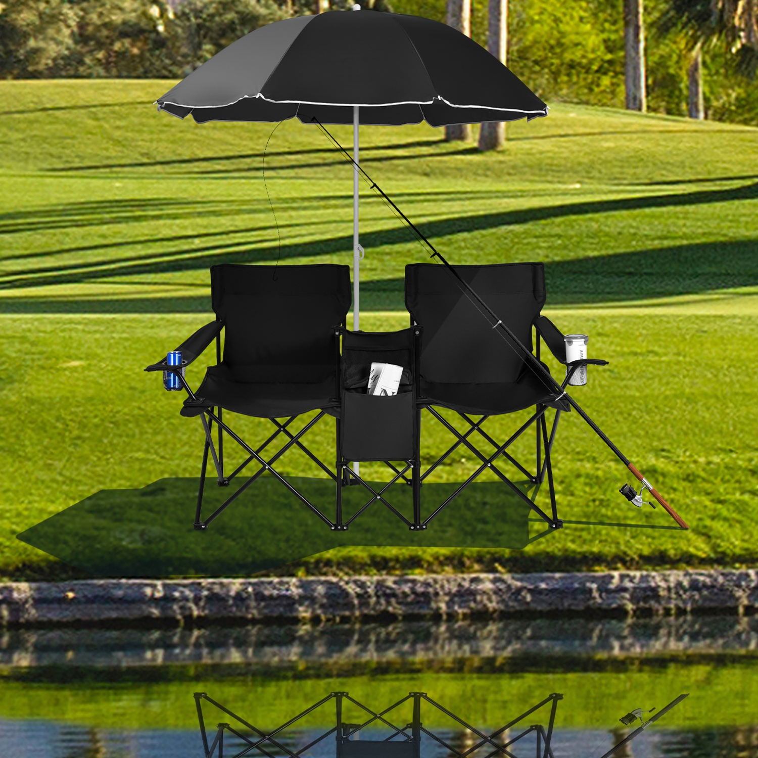 Costway Portable Folding Picnic Double Chair W/Umbrella Table Cooler Beach Camping