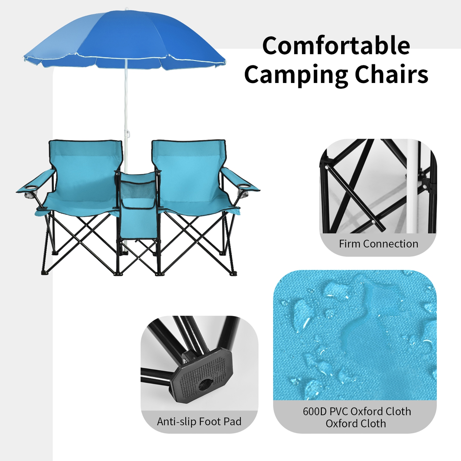 Chaise de pique-nique pliable portative double avec table-parapluie et glacière de Costway pour le camping sur la plage