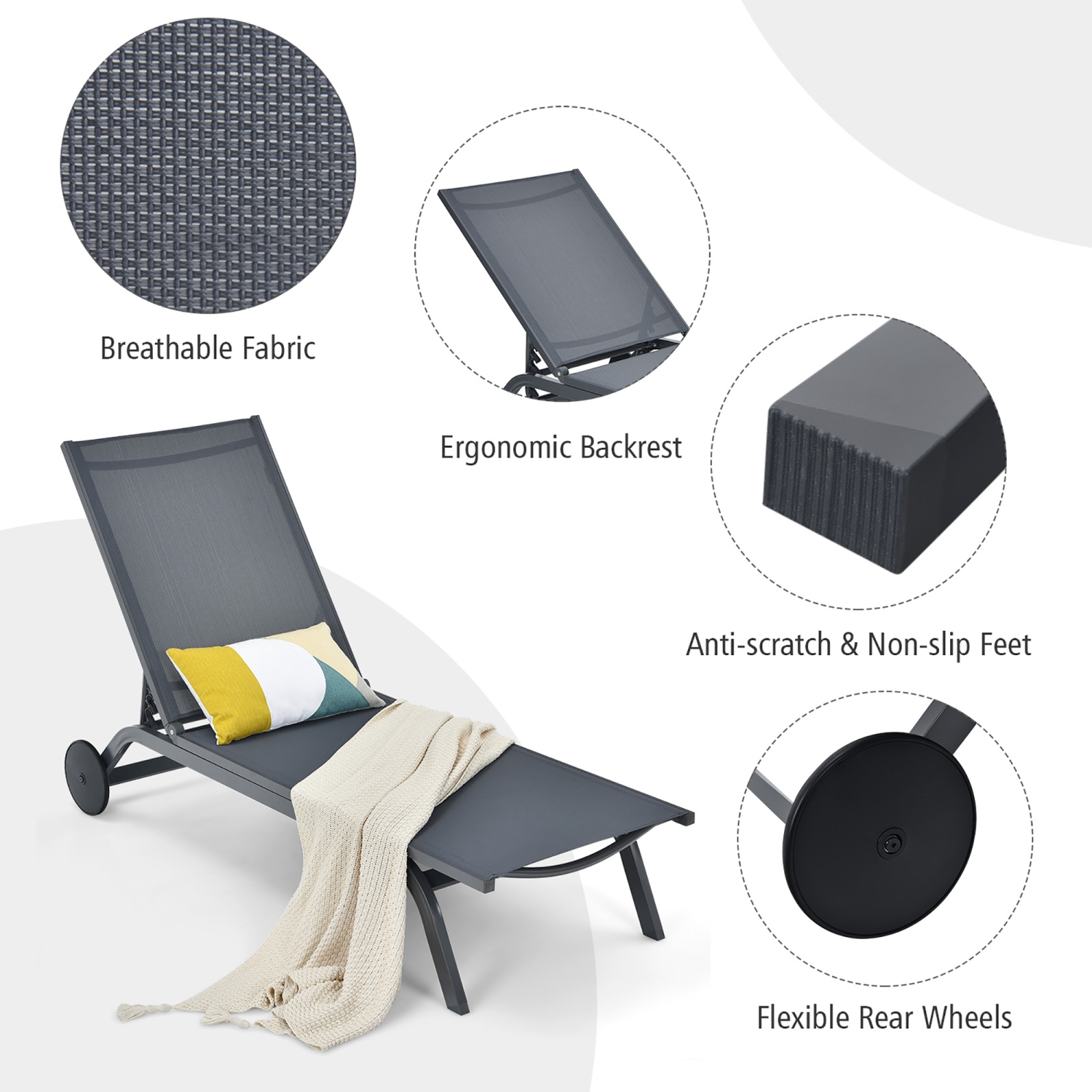 Chaise longue de patio extérieure de Costway inclinable, tissu en aluminium réglable