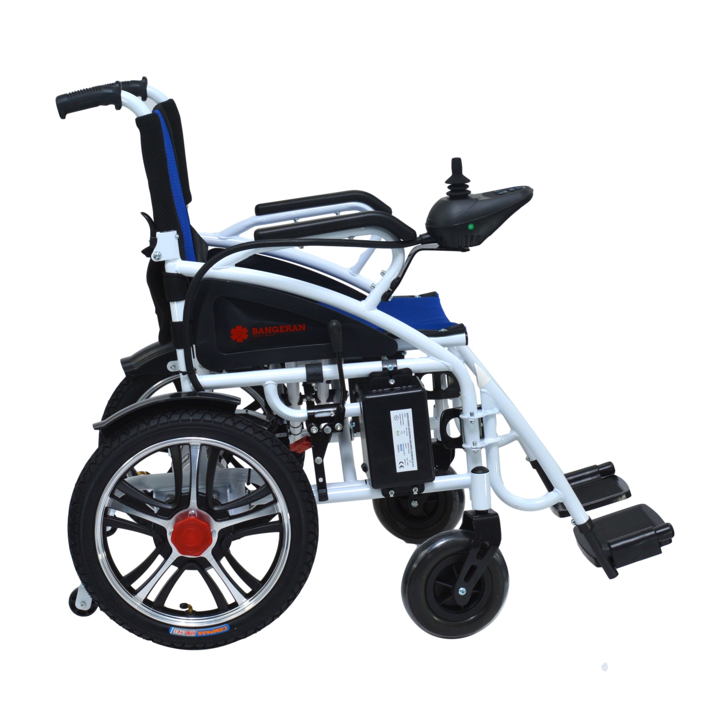 Fauteuil roulant de mobilité léger et puissant, portable et pliable, double moteur 500 W - Siège bleu à cadre blanc