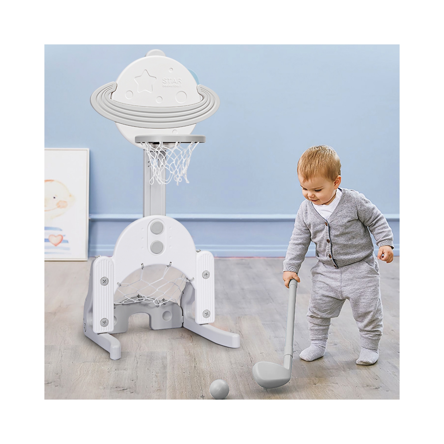 Topbuy 3-in-1 Basketball Hoop Set Stand Toddler Basketball Hoop Game Set White