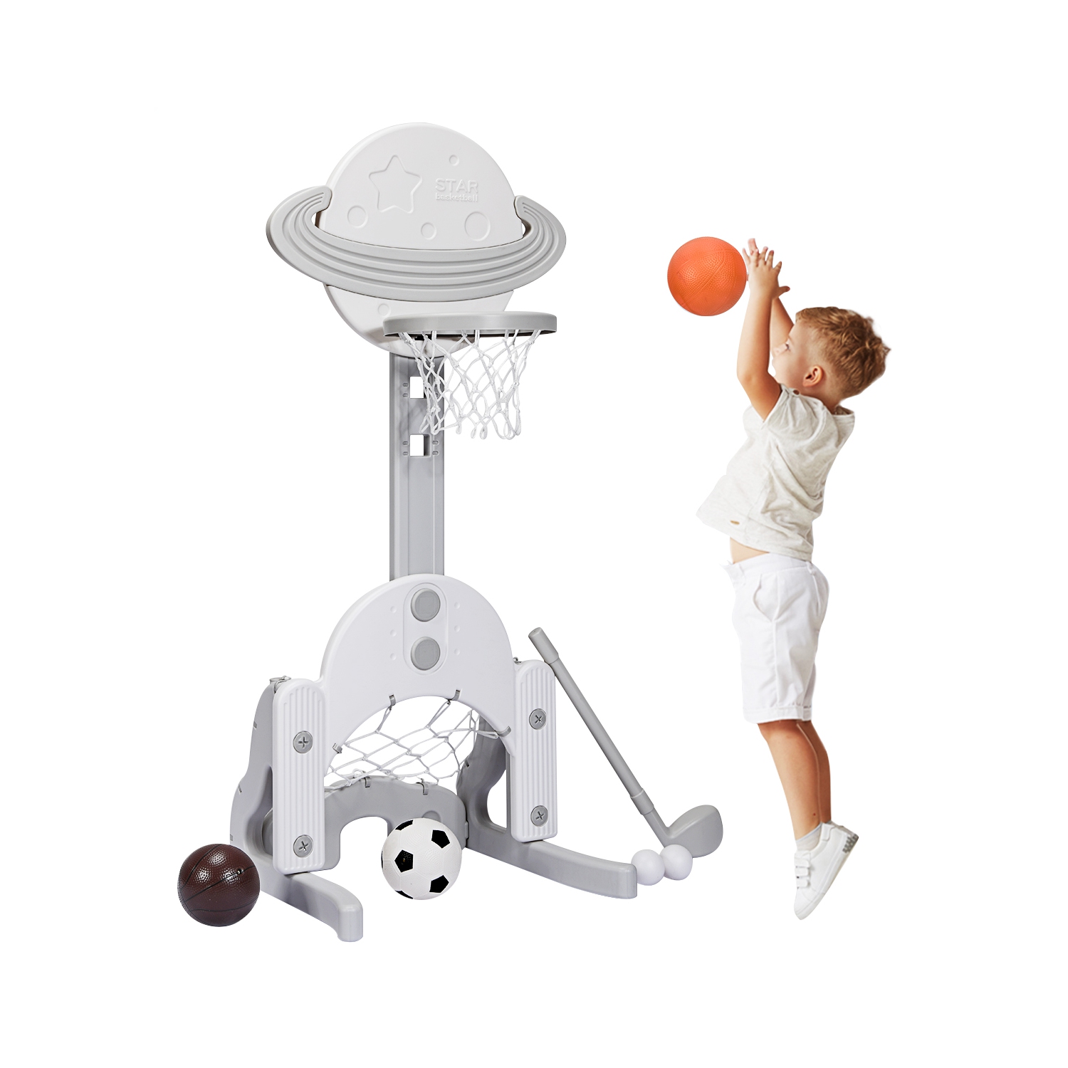 Topbuy 3-in-1 Basketball Hoop Set Stand Toddler Basketball Hoop Game Set White