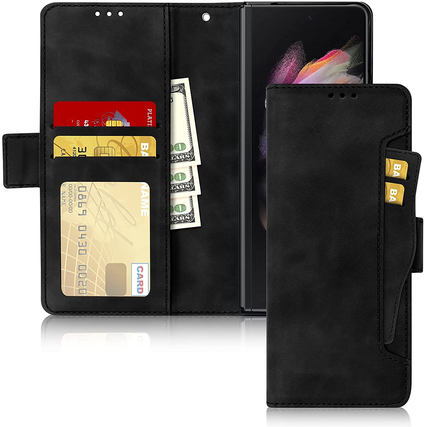 [CS] Samsung Z Fold 3 Case, Magnetic Leather Folio Wallet Flip Case Cover with Card Slot, Black
