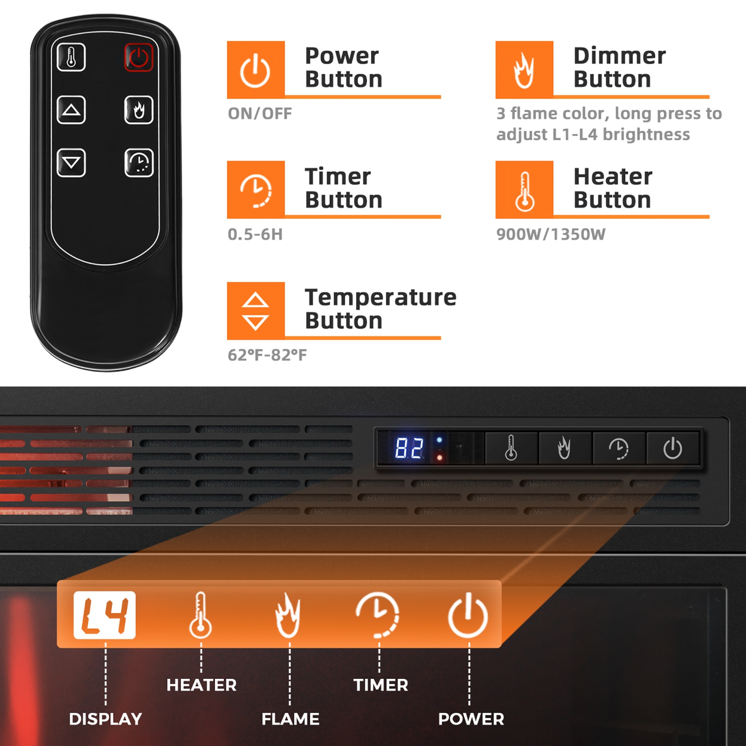 28 po Foyer électrique Autoportant et Chauffant encastré Log Flame Remote 1350W