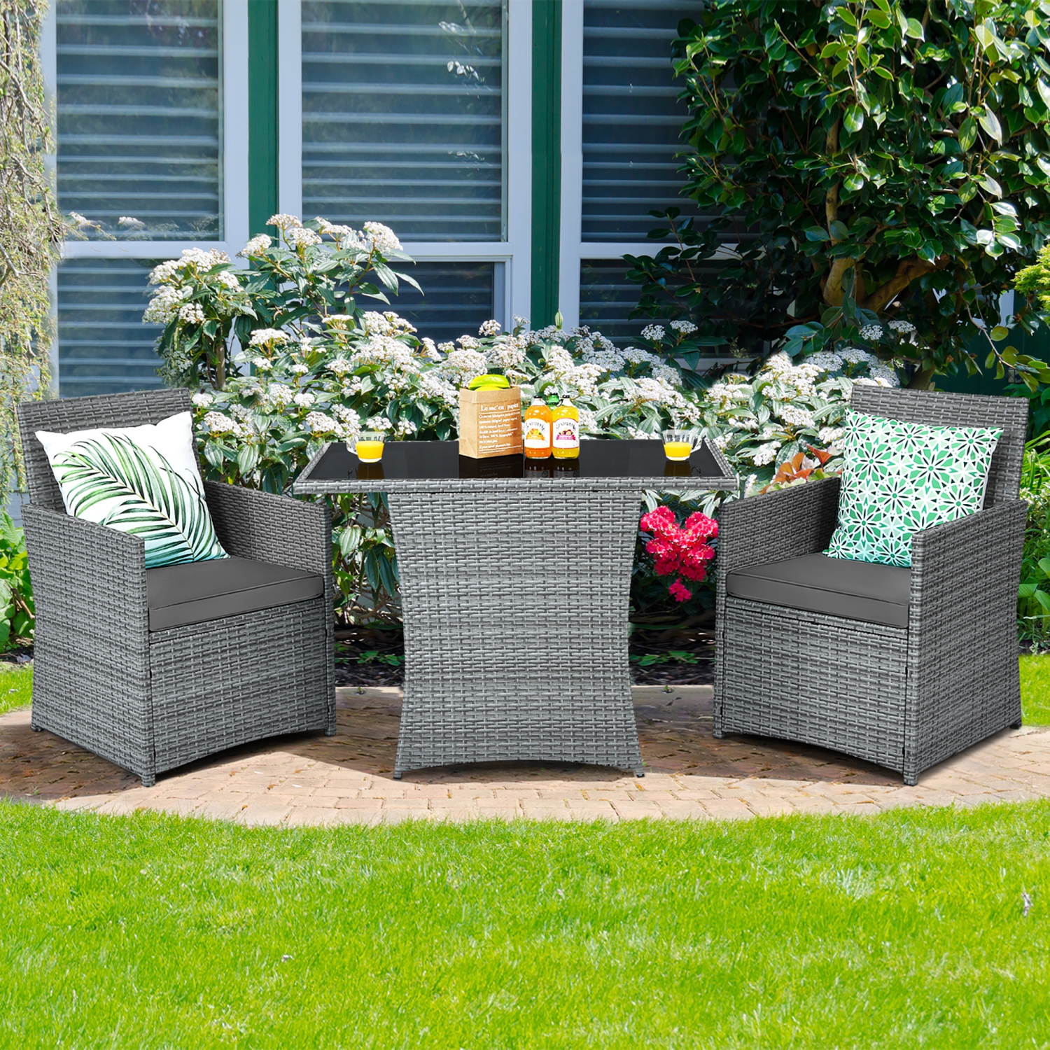Costway 3PCS Patio Rattan Furniture Set Cushioned Sofa Armrest Garden