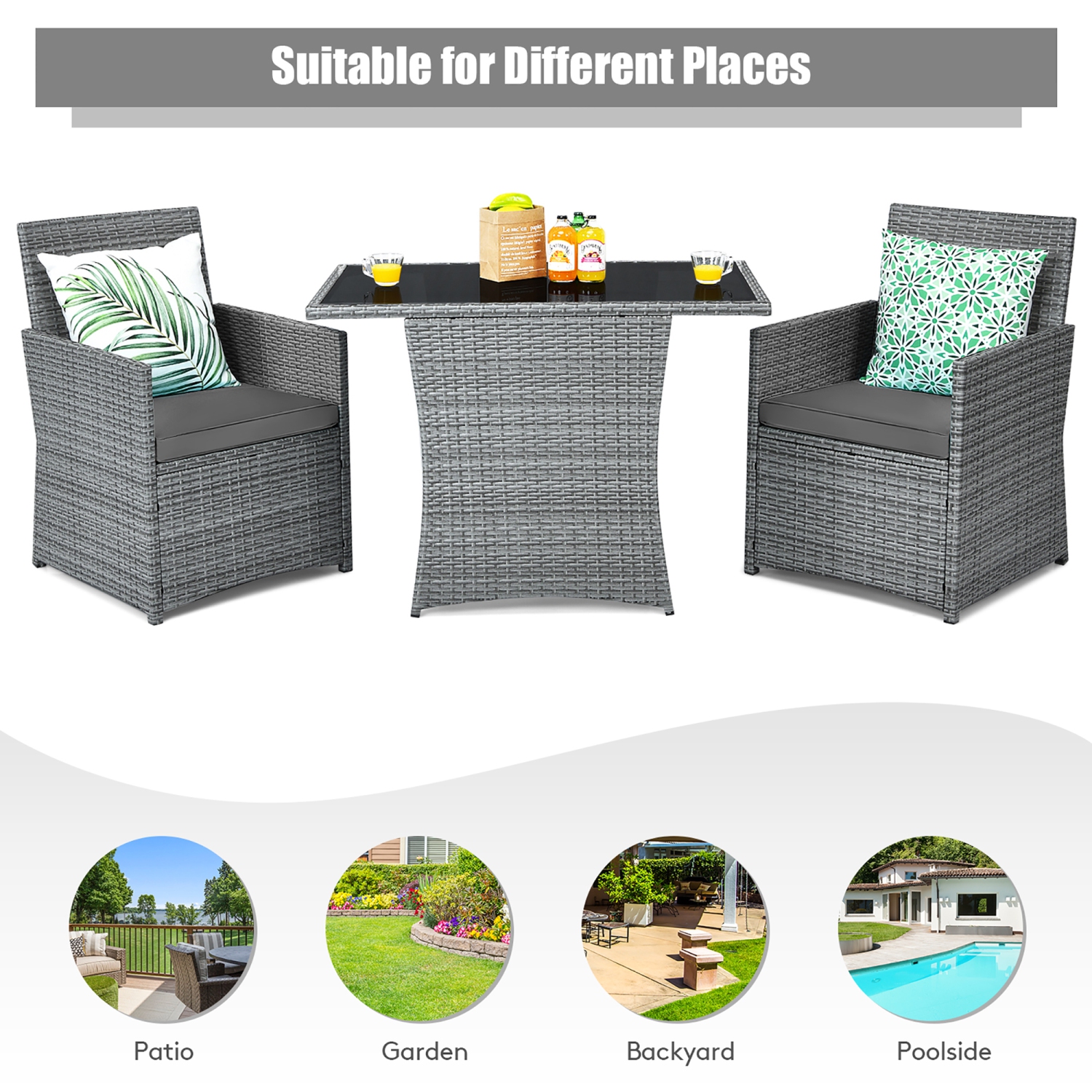 Costway 3PCS Patio Rattan Furniture Set Cushioned Sofa Armrest Garden