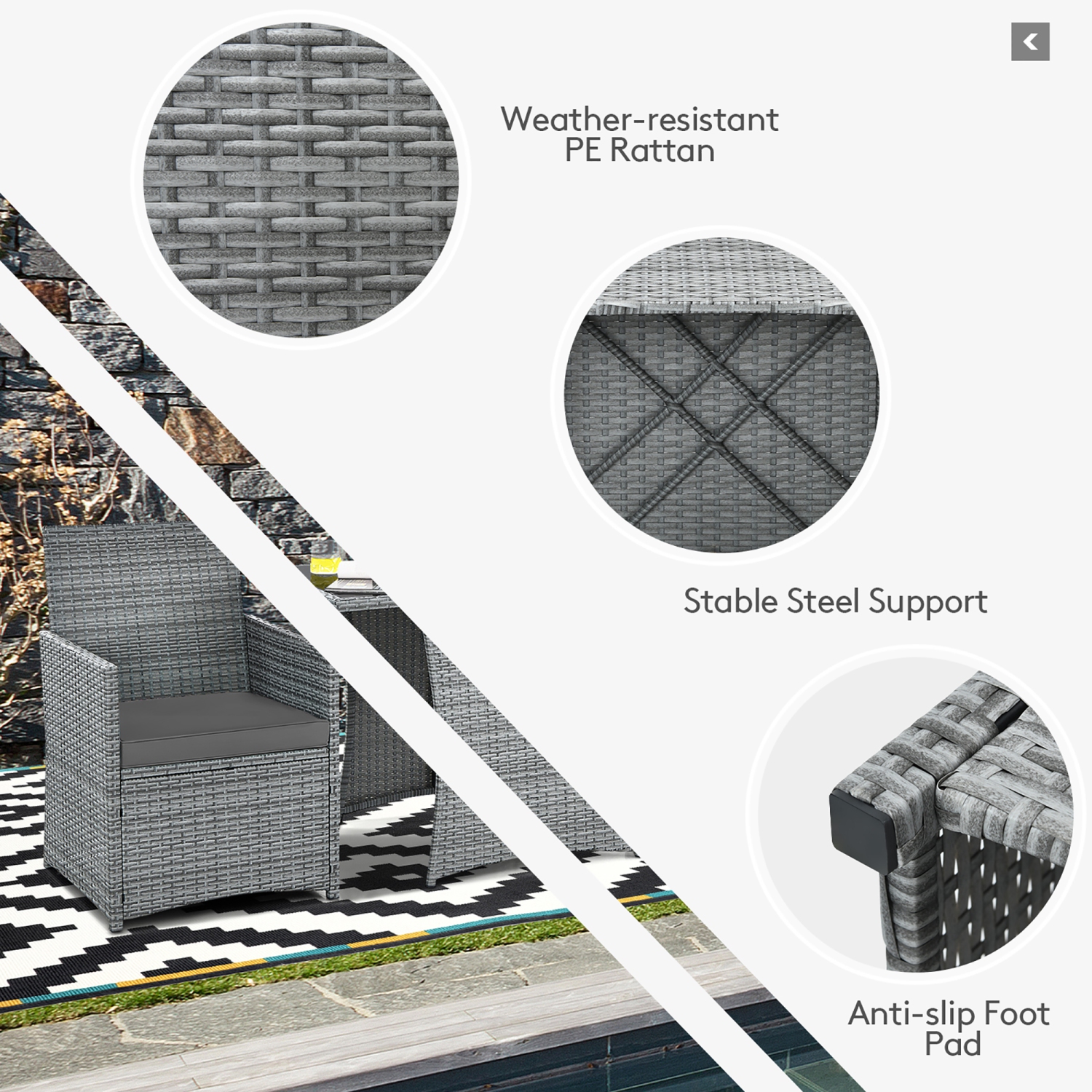 Costway 3PCS Patio Rattan Furniture Set Cushioned Sofa Armrest Garden