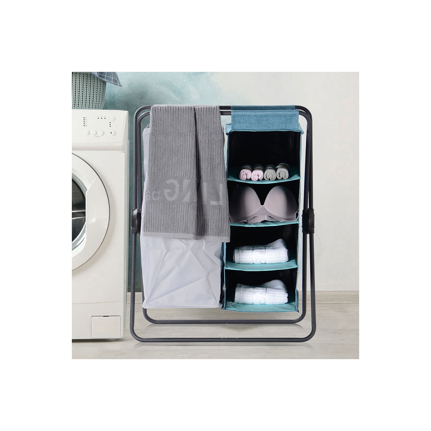 Panier à linge 3 en 1 X-Frame, panier à linge pliable avec support amovible de stockage à 4 couches pour salle de bain chambre