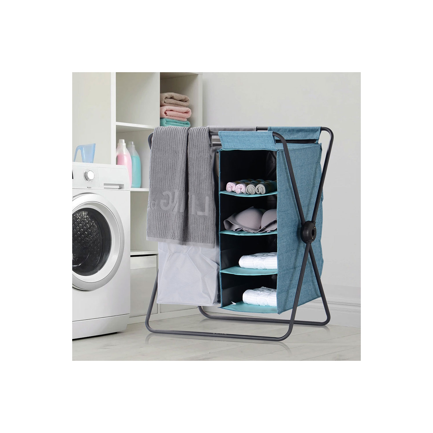 Panier à linge 3 en 1 X-Frame, panier à linge pliable avec support amovible de stockage à 4 couches pour salle de bain chambre